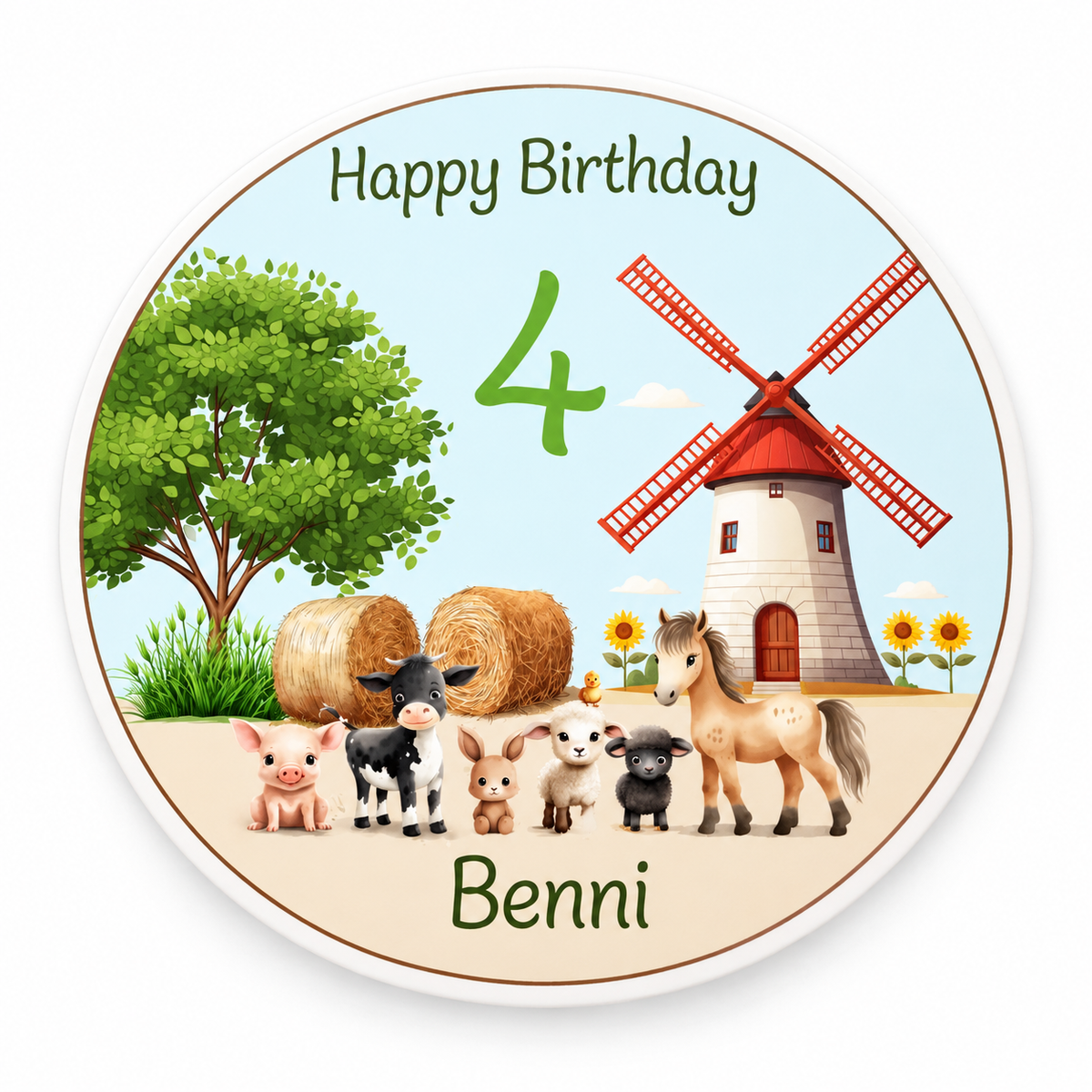 MUCKKI-PRO:3939358018fb761d727d775baec16c30b800c6eade4be18e10c01c5d53235e96:Tortenaufleger Geburtstag Bauernhof 2 Name & Zahl (20cm) Fondant Papier