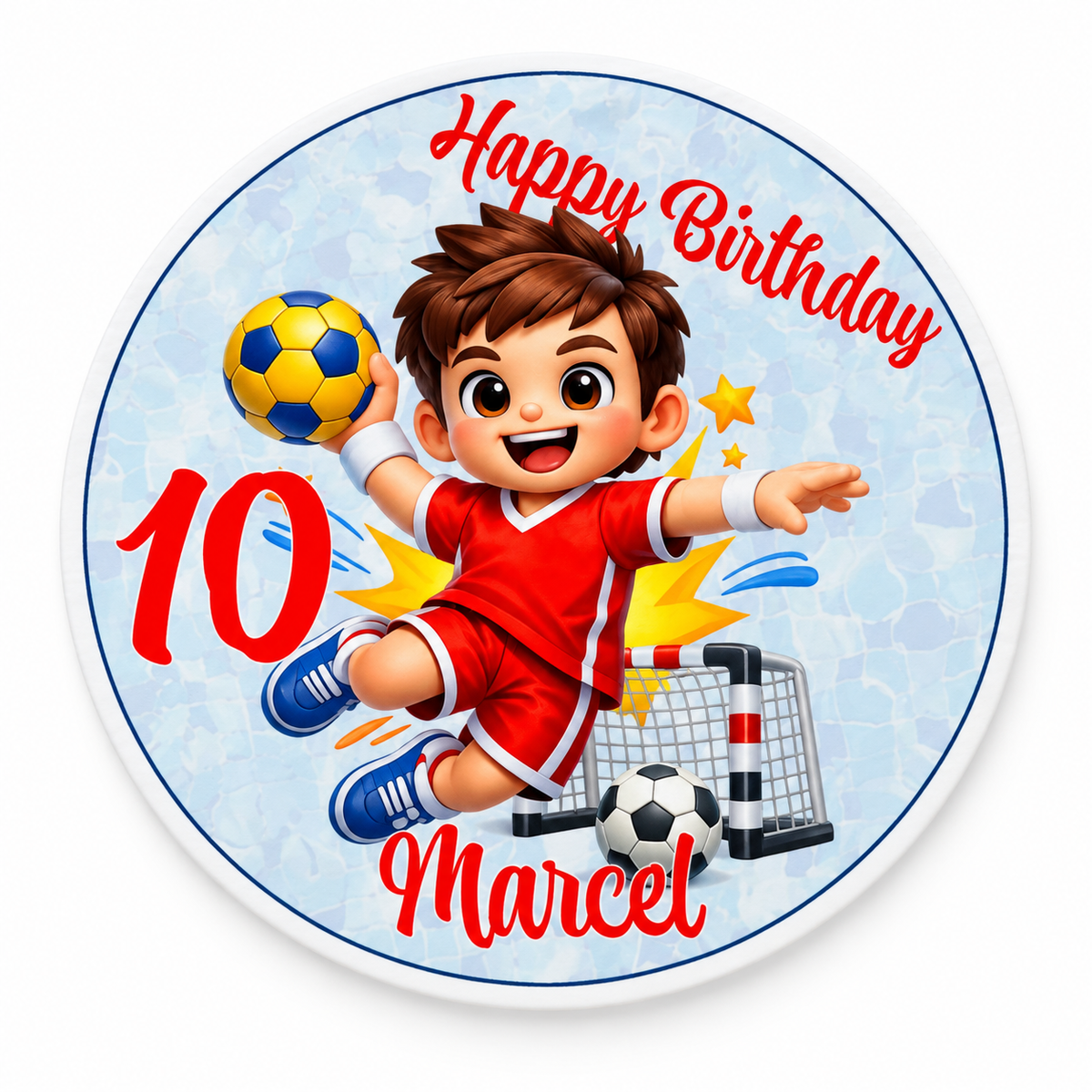 MUCKKI-PRO:2e2dc2ea401ffe8fb7ddd8b1c48827c9ead70e14cb59cdd421c8b064c72bf481:Tortenaufleger Geburtstag Handball 1 Name & Zahl (20cm) Fondant Papier