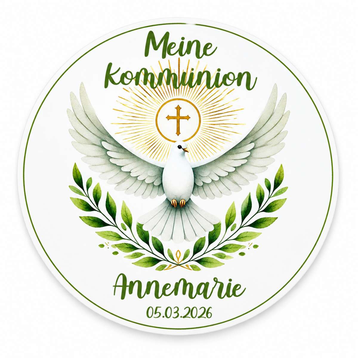 MUCKKI-PRO:748deb83356dcd18000e2273d0cd873434d1d97919fc83943a4ba21fed2b75b7:Tortenaufleger Kommunion Heiliger Geist1 Name & Datum (20cm)