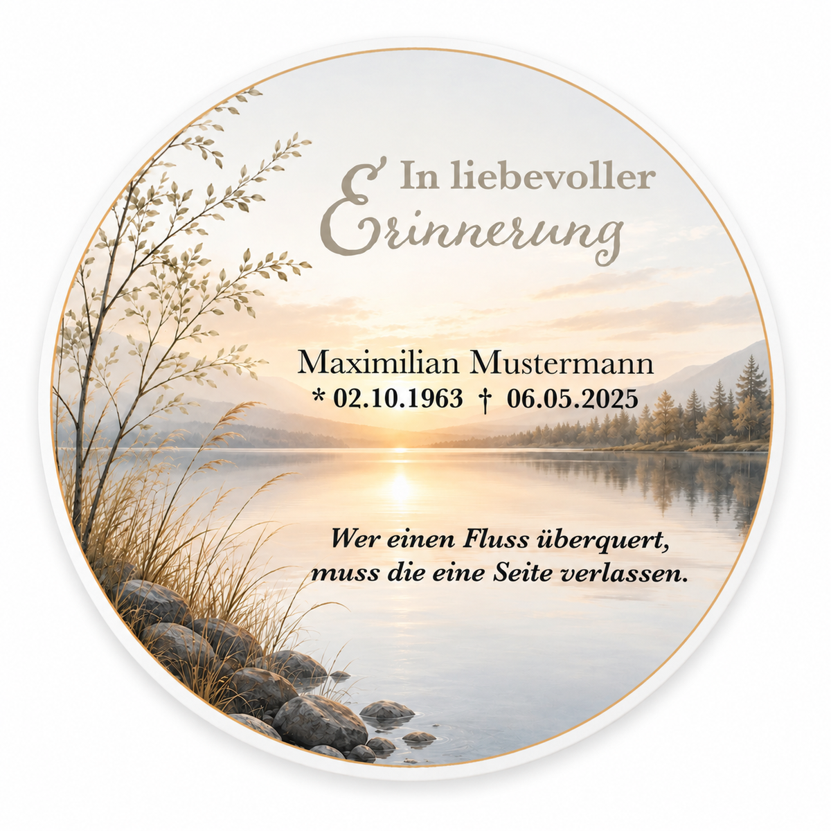 MUCKKI-PRO:ebe1667e059988258183014d2e8c4889c52dca56425a1f9eba20efe6b5041cb7:Tortenaufleger Beerdigung & Trauerfeier See 01 – personalisiert mit Name & Datum