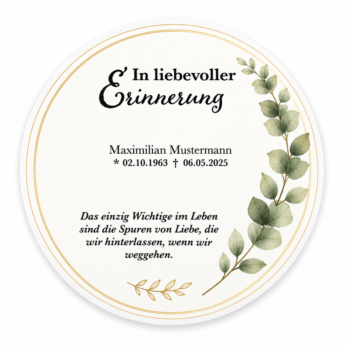 MUCKKI-PRO:22c69263cbf107d7e538acbda369bc5f2ee6cd71f907e1aa94e68ac0f152a2f5:Tortenaufleger Beerdigung & Trauerfeier Eukalyptus 01 – personalisiert mit Name & Datum Fondantpapier 20cm