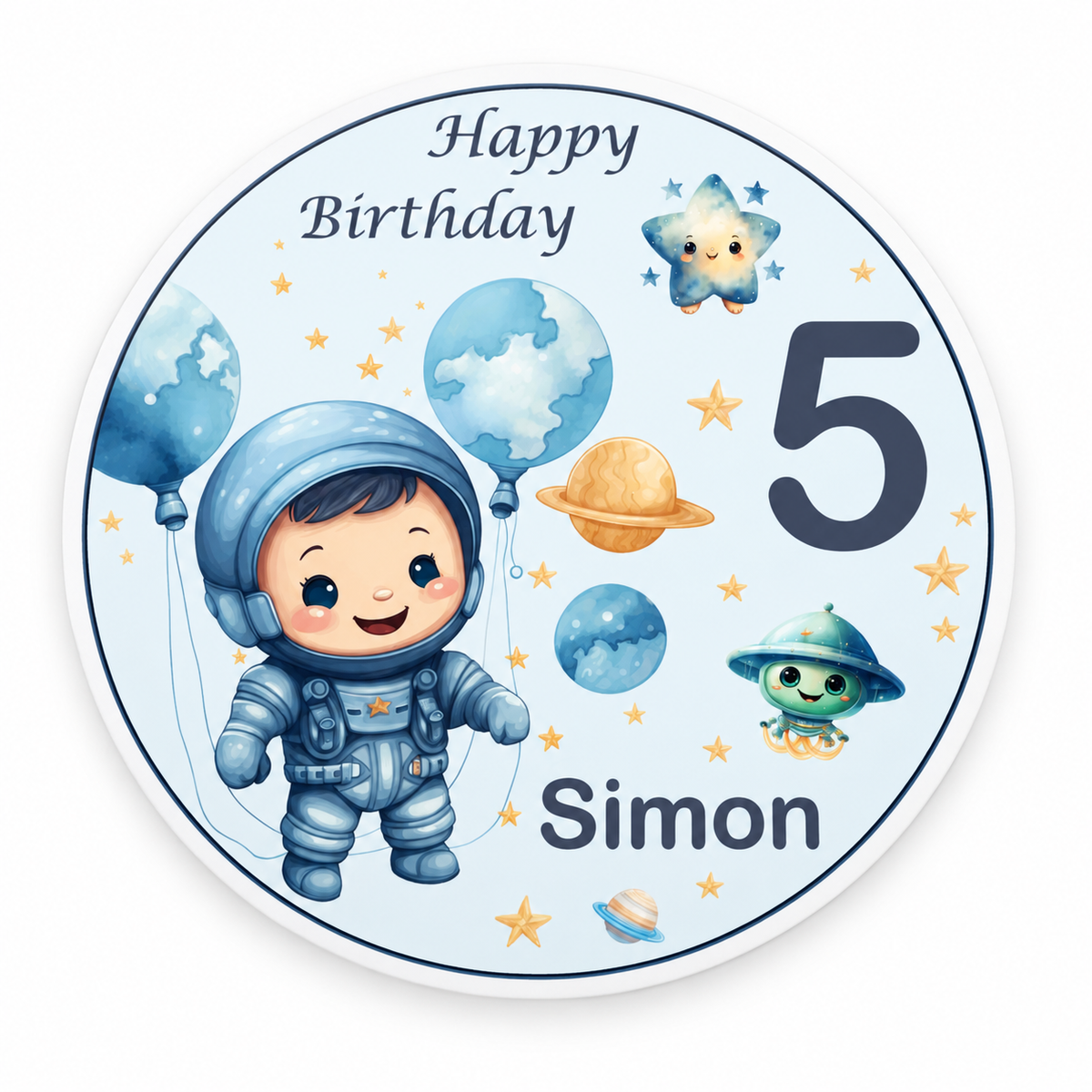 MUCKKI-PRO:1d61a9a6884aab19ccc1c235f488946eace20165a1cb30e1b8f8eb31001eaa78:Tortenaufleger Geburtstag Astronaut 1 Name & Zahl (20cm)