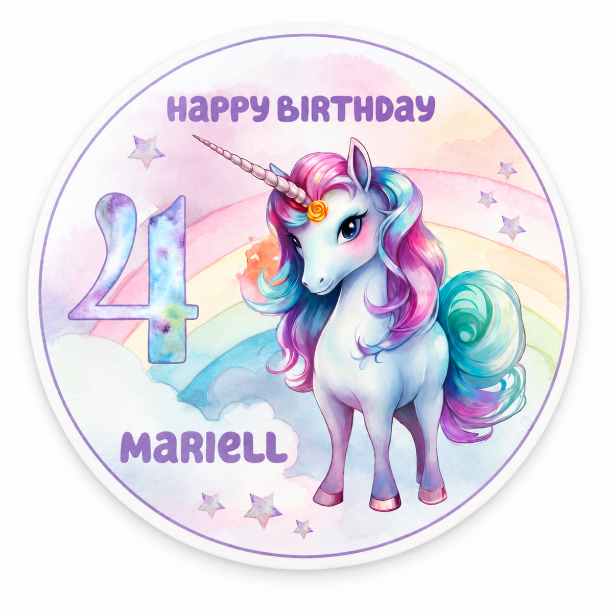 MUCKKI-PRO:658b8371b5c8bd67038cc1f3acd70691756c1bfdddba9e38856a94b44c78005e:Tortenaufleger Geburtstag Einhorn 4 Name & Zahl (20cm) Fondant Papier