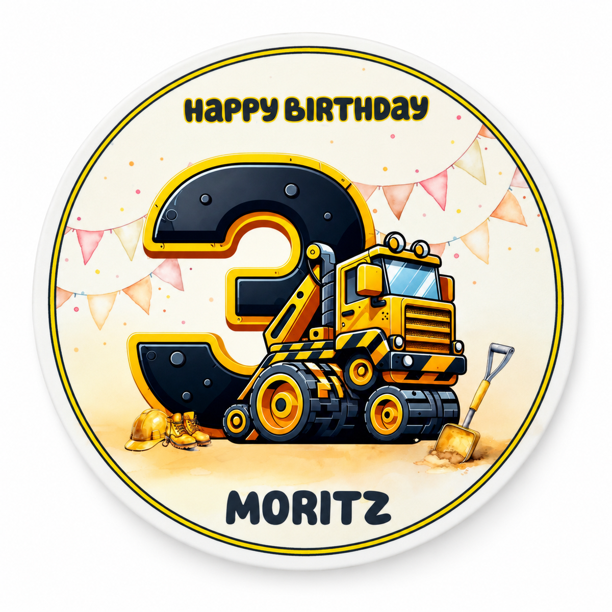 MUCKKI-PRO:588944be678fb1e1f9ad48fc427e87b8b7ffea92700f589382a2ad6853fabcbe:Tortenaufleger Geburtstag Baufahrzeug 2 Kipper Baustelle Name & Zahl (20cm) Fondant Papier
