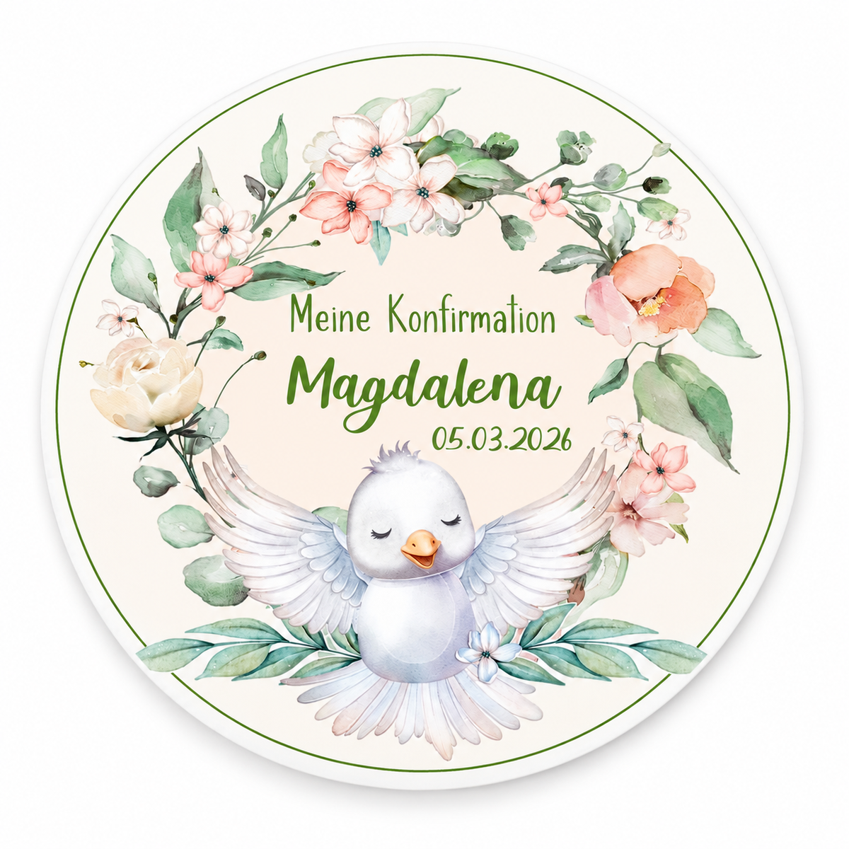 MUCKKI-PRO:106ecf9f8e5f02c3b6ffcc22d32a944cb2520b78feb2934cfad7c6b25bd29b0b:Tortenaufleger Konfirmation Vogel 1 Name & Datum (20cm)