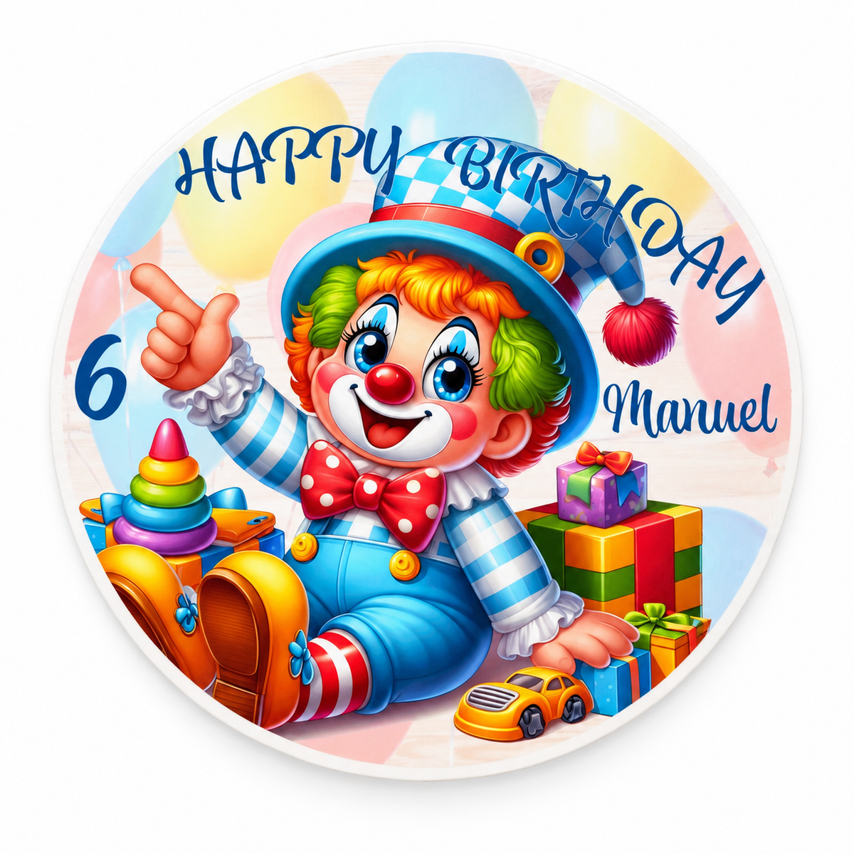 MUCKKI-PRO:507fe27a0377ac908b8066262618de76dda11d47912a4c52d54a0f24e13690c8:Tortenaufleger Geburtstag Clown-Party 2 Name & Zahl (20cm) Fondant Papier