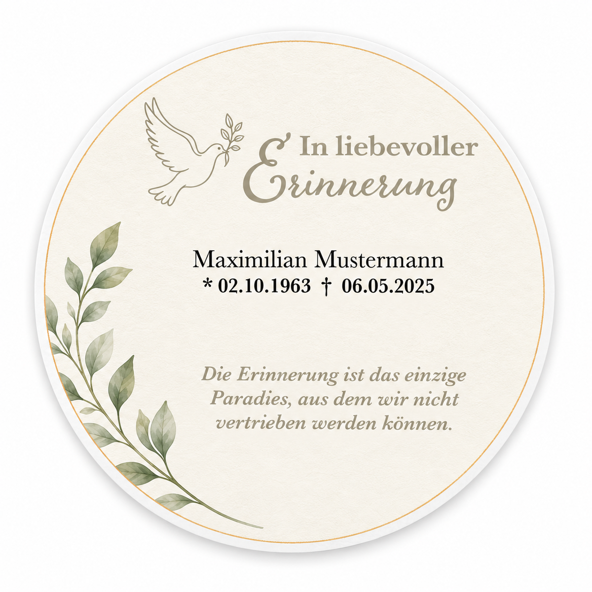 MUCKKI-PRO:772bd49a39178849842cd63575e31082d878c93f9760d2da35eac4e280a29588:Tortenaufleger Trauerfeier Vogel 01 mit Name & Datum (20 cm) Fondant