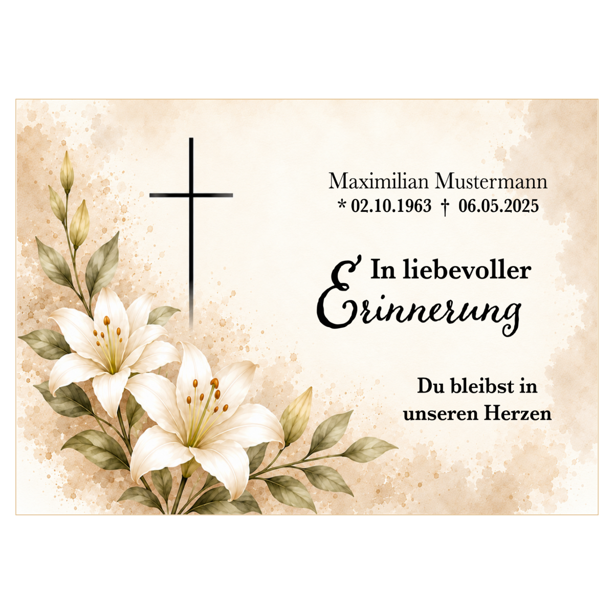 MUCKKI-PRO:b38ec05dcc18325909336bcf3343ec61b83651f944edb008f5923feca746b338:Tortenaufleger Beerdigung & Trauerfeier Blüten 01 – personalisiert mit Name & Sterbedatum Fondantpapier – Eckig (28 x 20cm)