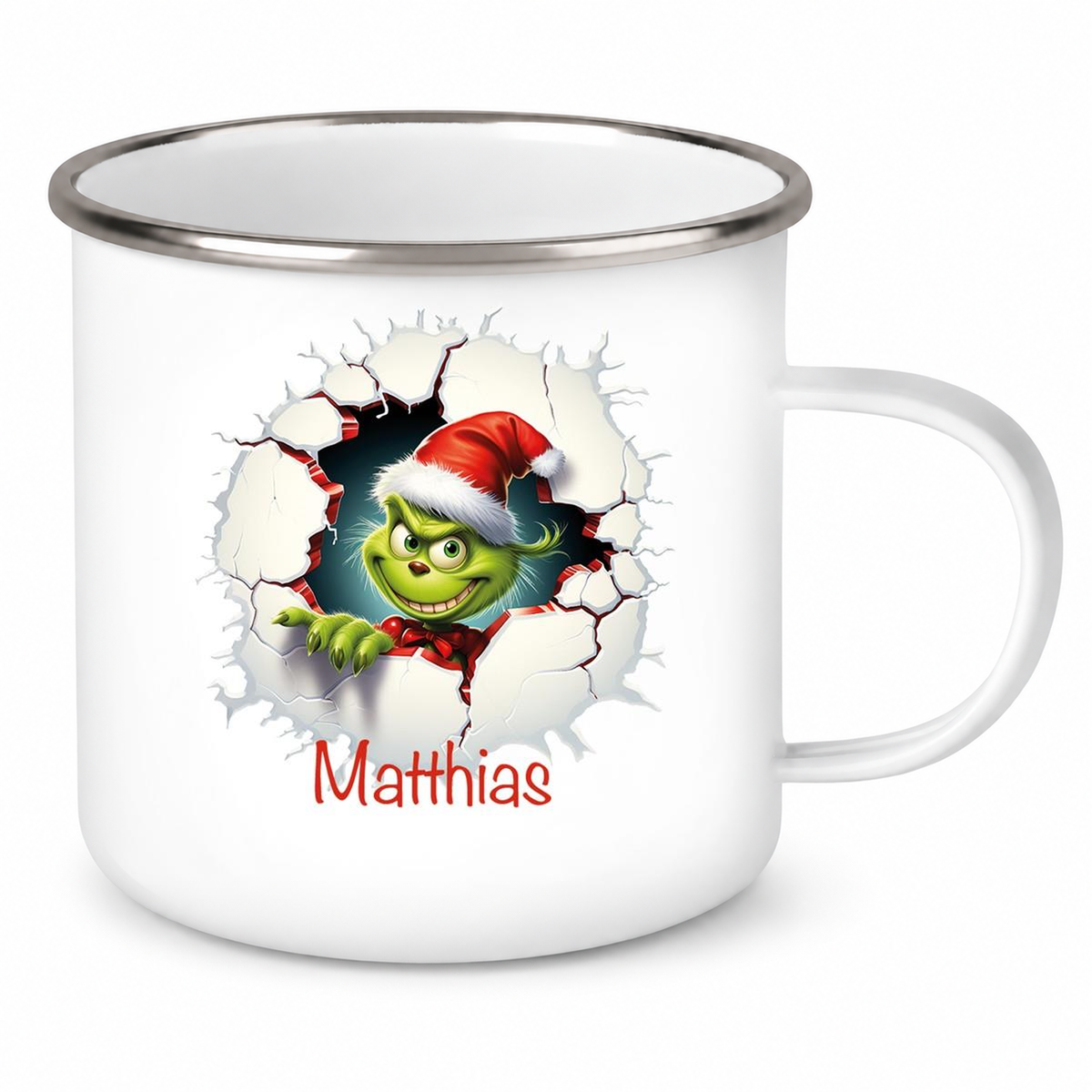 MUCKKI-PRO:19ba6a5d746dc35e49f96a526eeb13357bee54dca4a47c75440a5b7f1120d7ba:Tasse Wunschname Weihnachten Grinch 8 Emaille Kinderbecher