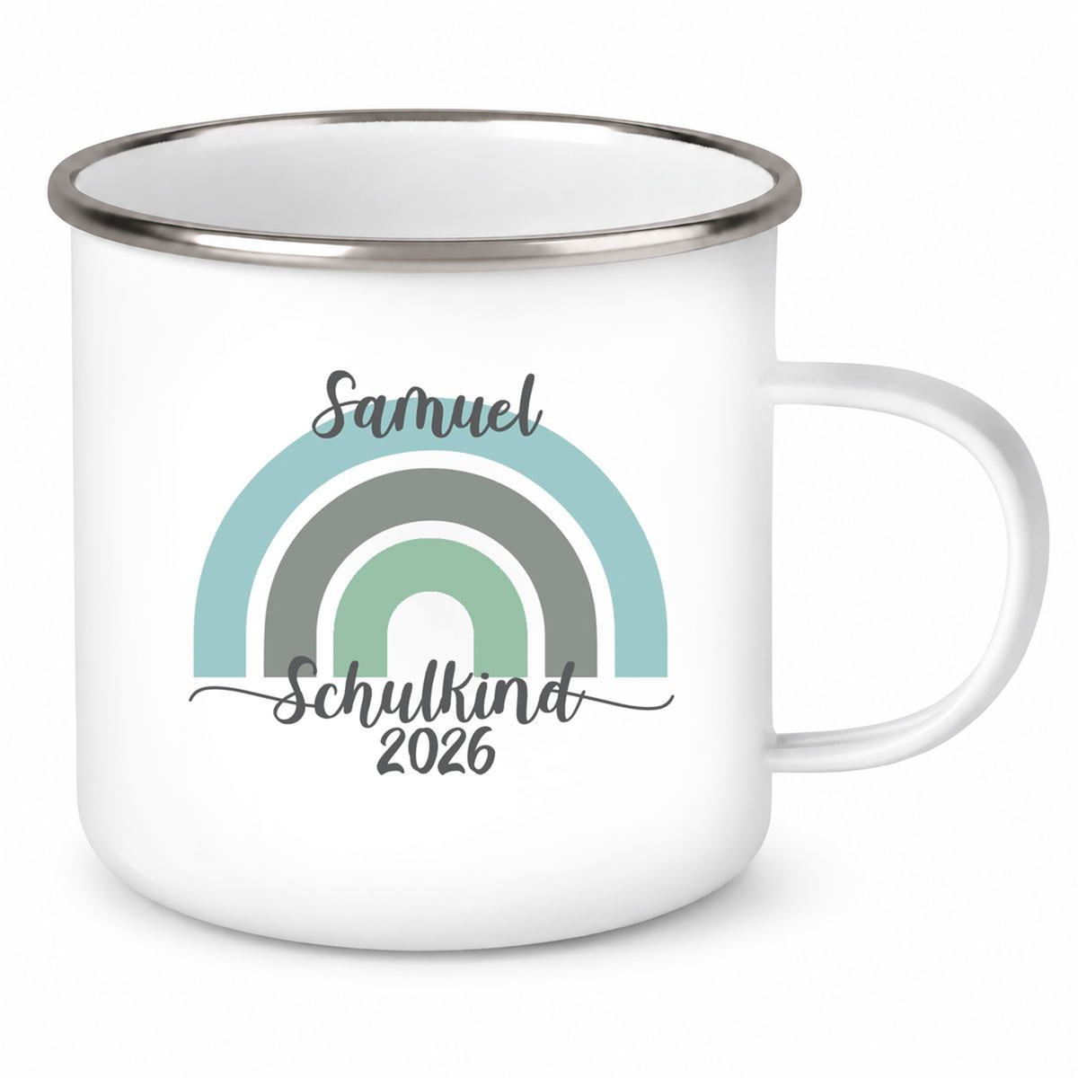 MUCKKI-PRO:6c4f296ddf27137776e21514d826d49fa5a02e13b57120014a63c7f2e56d9746:Tasse Schulkind 05 Wunschname Rainbow Emaille Kinderbecher Personalisiert