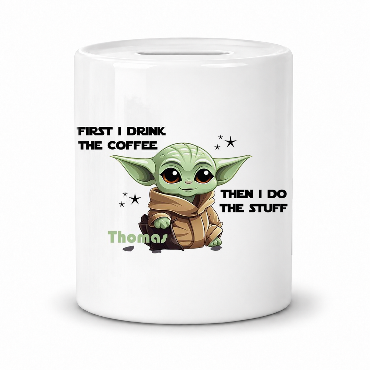 MUCKKI-PRO:55dff9c712f264e3d7d803280841111c69eccedff80b734d0f00cfc9c7100ea4:Spardose Baby-Yoda 2 Wunschname personalisiert