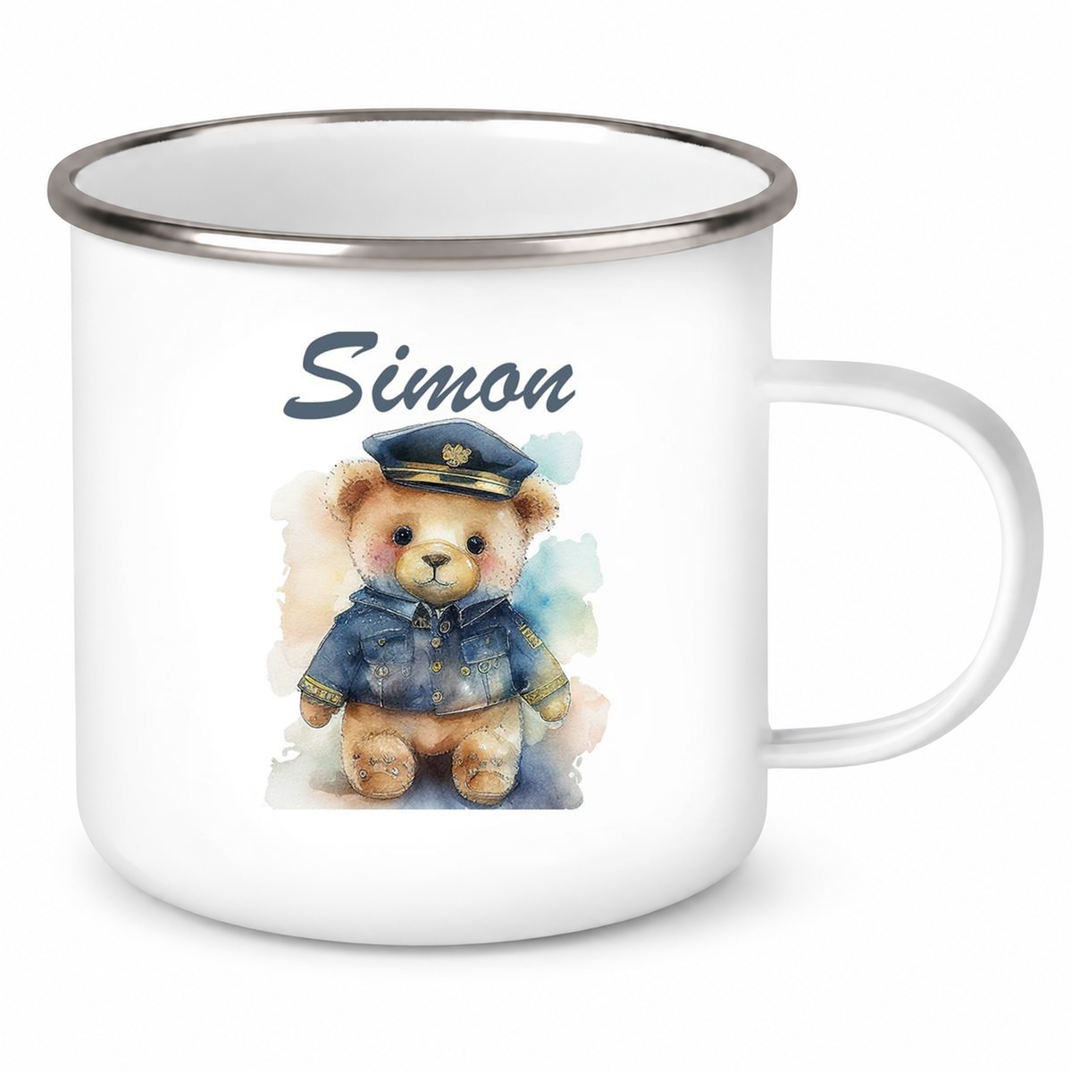 MUCKKI-PRO:d03fde26f049ca68d6674910090d7cb074680def15db77c8447368ae11ee0cff:Tasse Polizei Teddy 1 Wunschname Emaille Kinderbecher personalisiert