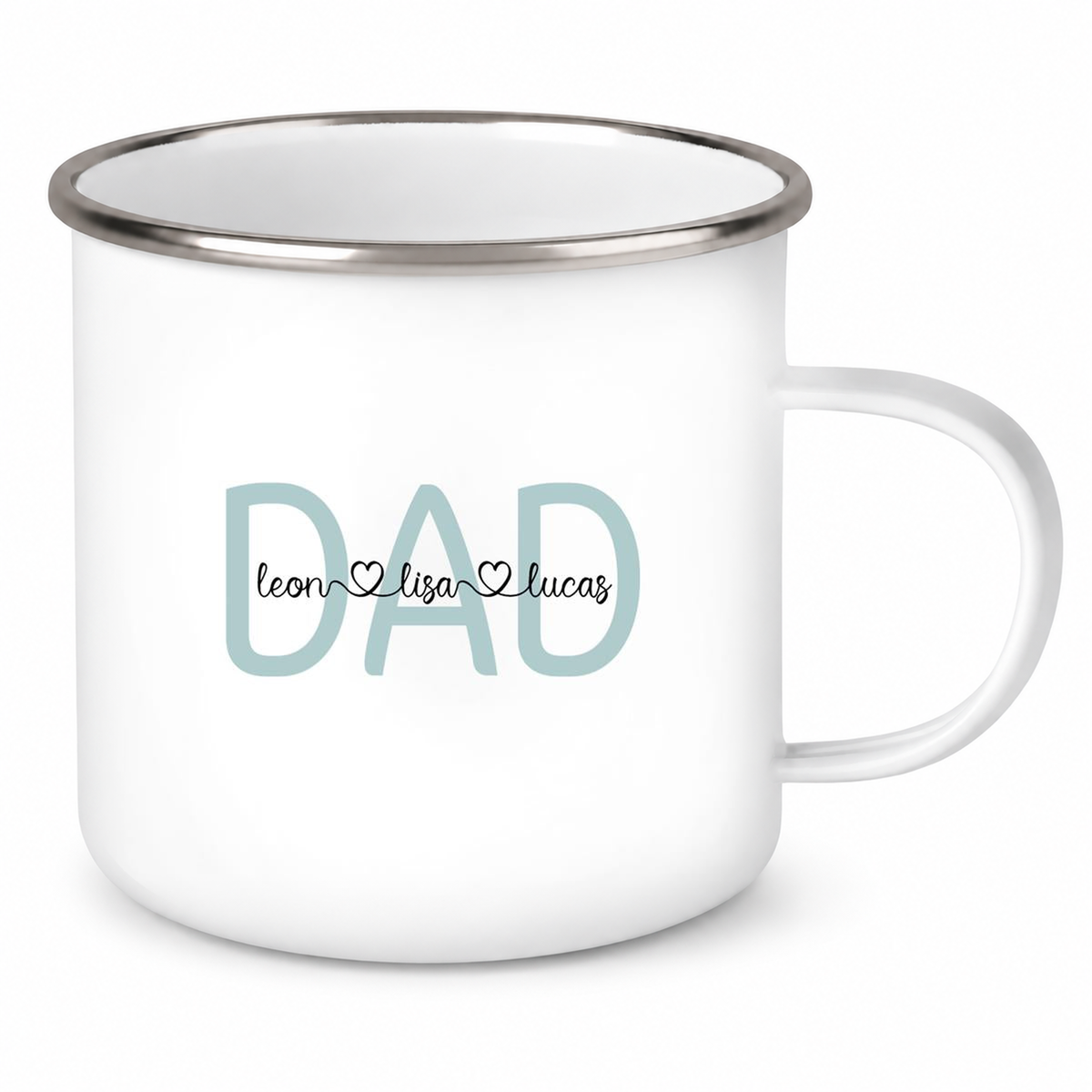MUCKKI-PRO:909dd4745af6af484097fd25b922b9f381caf70d53e34fd5eccc0ade775bde84:Tasse Vatertag 2 Wunschnamen Emaille Personalisiert
