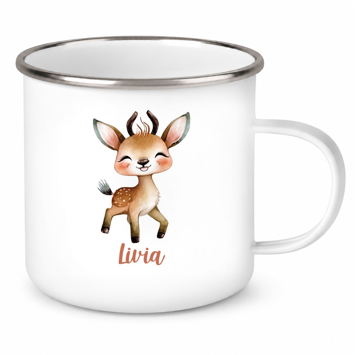 MUCKKI-PRO:8714dff934b3bbe71f5833d2d5810c6e1cecdc3f417ff6fdfb1b95e34057a87c:Tasse Wunschname Reh 1 Emaille Kinderbecher