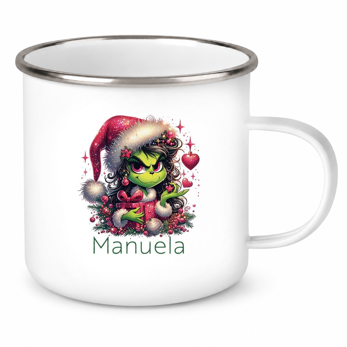 MUCKKI-PRO:e6ba922866acc3eaefd8c50034633fd83651733ba1def5c7bf92a084f6e71271:Tasse Wunschname Weihnachten Lady-Grinch 2 Emaille Kinderbecher