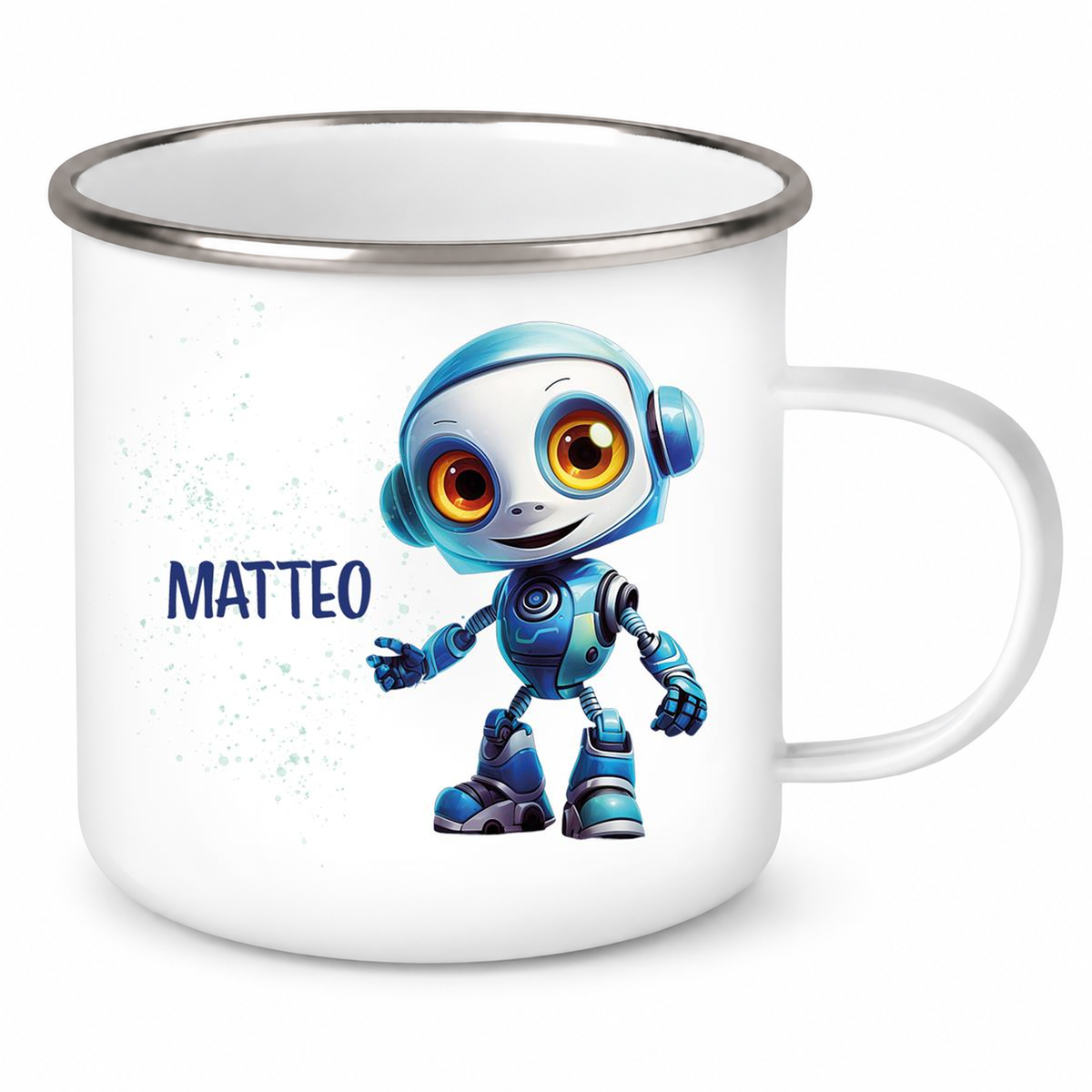 MUCKKI-PRO:1a94a072e4b06d3f7a65b984a6839abbb353a56642f138012d029cf4572ccf38:Tasse Wunschname Roboter 2 Emaille Kinderbecher
