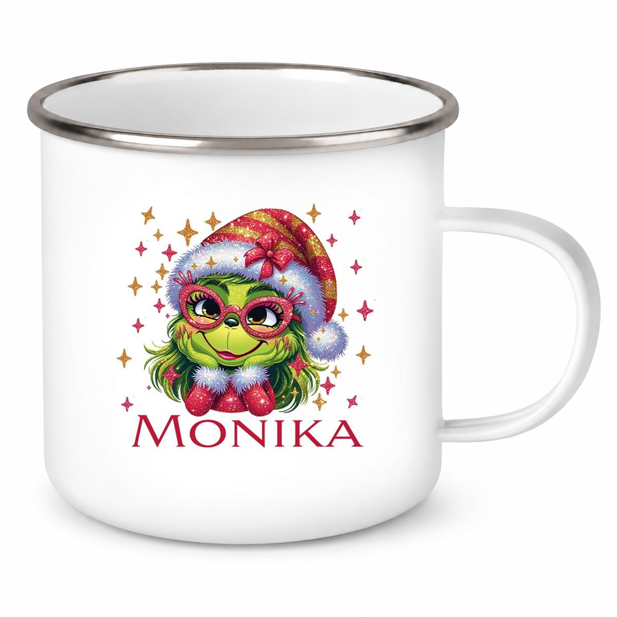 MUCKKI-PRO:c845de65d8188afee0bf778da69e6dfae2362ef9b5c524fd84877ac07f5127fc:Tasse Wunschname Weihnachten Lady-Grinch 1 Emaille Kinderbecher