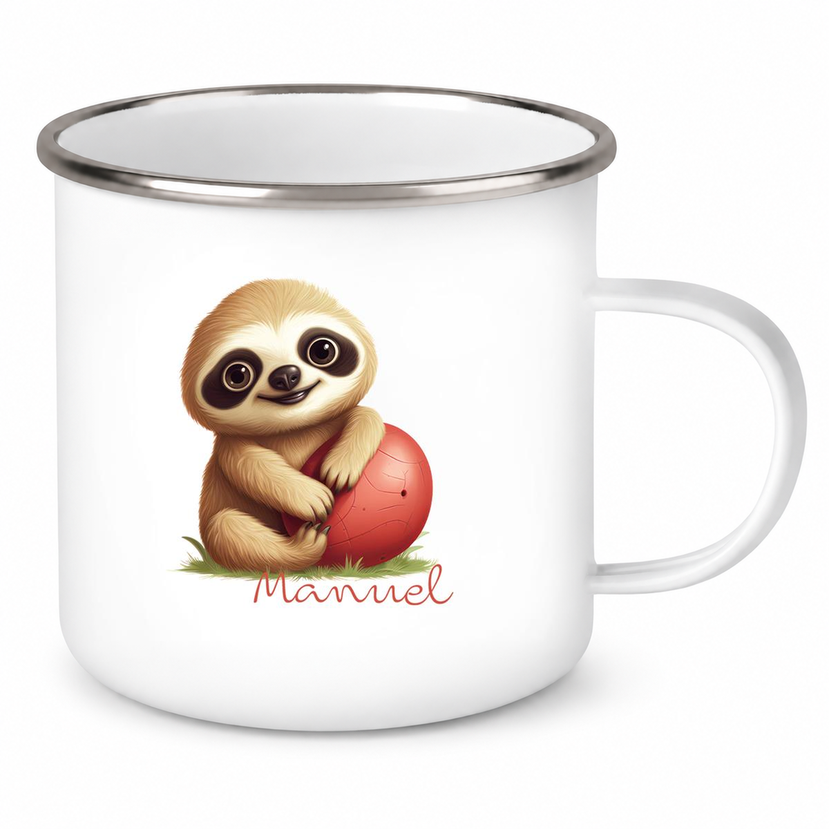 MUCKKI-PRO:98c1b0ab7796ad09c0a4aacf5f5f4198a0aed6b52bf257e04318e2c5de7cc86f:Tasse Wunschname Faultier-Ball Emaille Kinderbecher