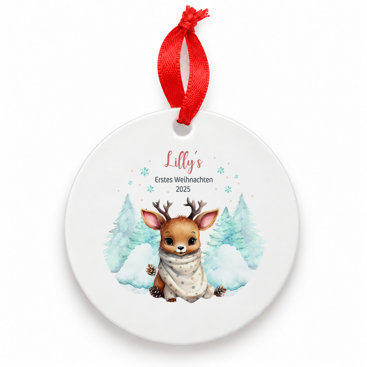 MUCKKI-PRO:ab6dafc0a8120dce6ea1411b0371031775593ae69408261729f089fc2fad6ff4:Weihnachtsanhänger personalisiert Rentier Baby mit Wunschnamen – Rund, Stern, Herz oder Glocke