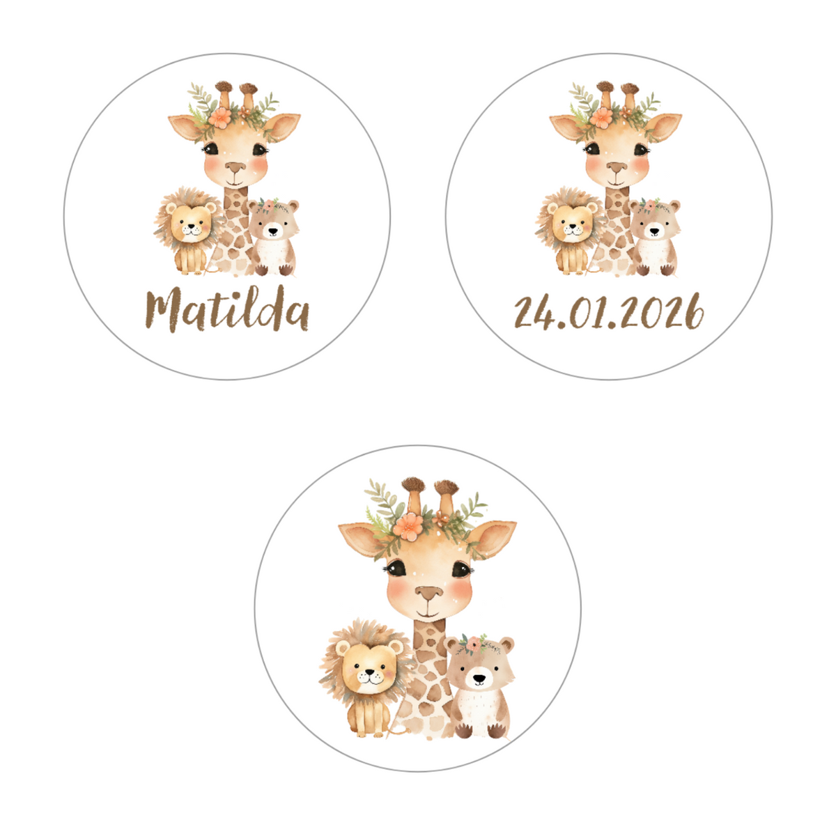 MUCKKI-PRO:18f895a06004b3355f24f737908c7bb5f8656773b1c0aa3544989d7d9fa2d215:Muffinaufleger Taufe Safari 1 – 4 cm (20 Stück) oder 6 cm (12 Stück) mit Name und Taufdatum