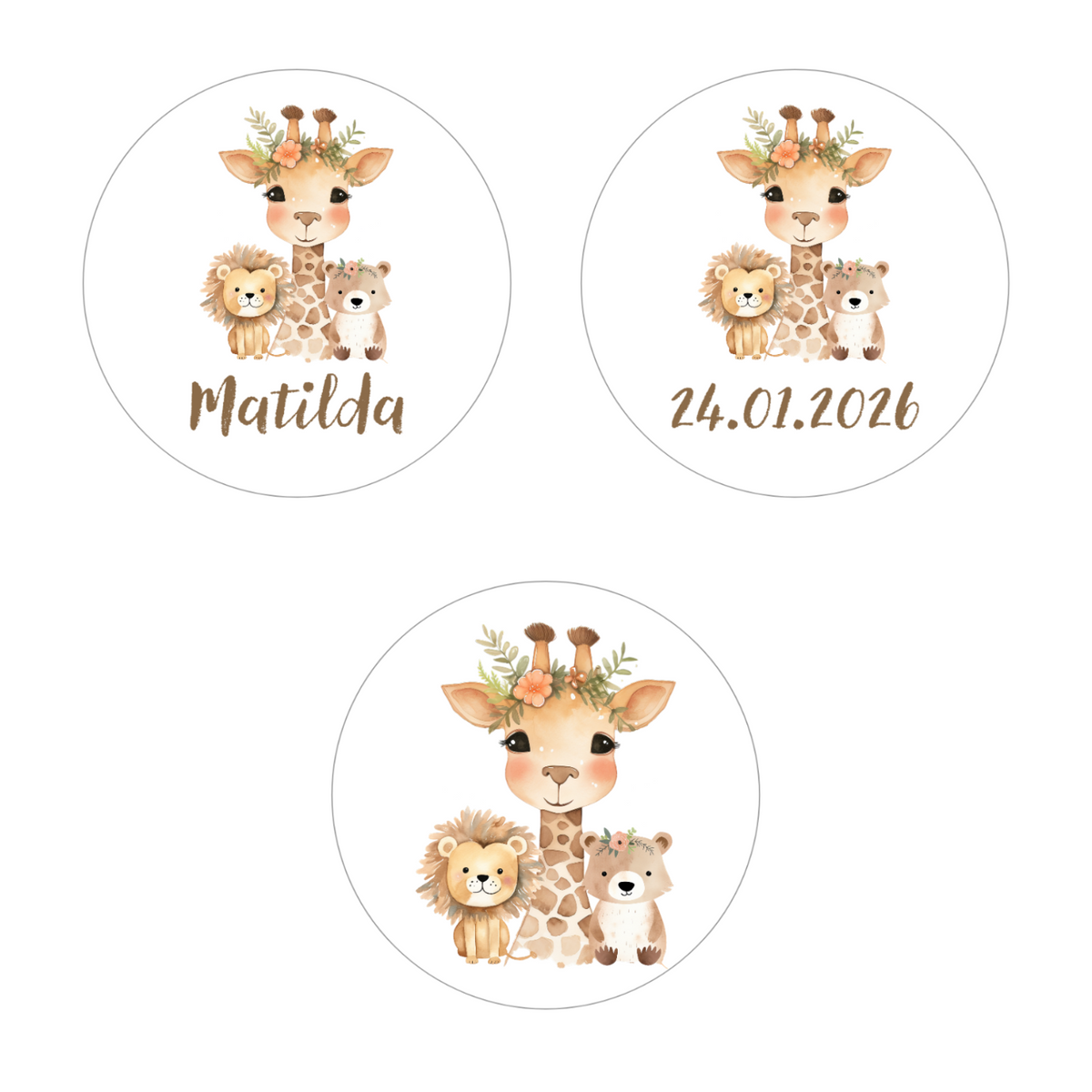 MUCKKI-PRO:178549a48175ef81b50e95c527c74bbe449ae4613aa7459d0a1fe9e57817a770:Muffinaufleger Taufe Safari 1 – 12 Stück à 6 cm mit Name und Taufdatum