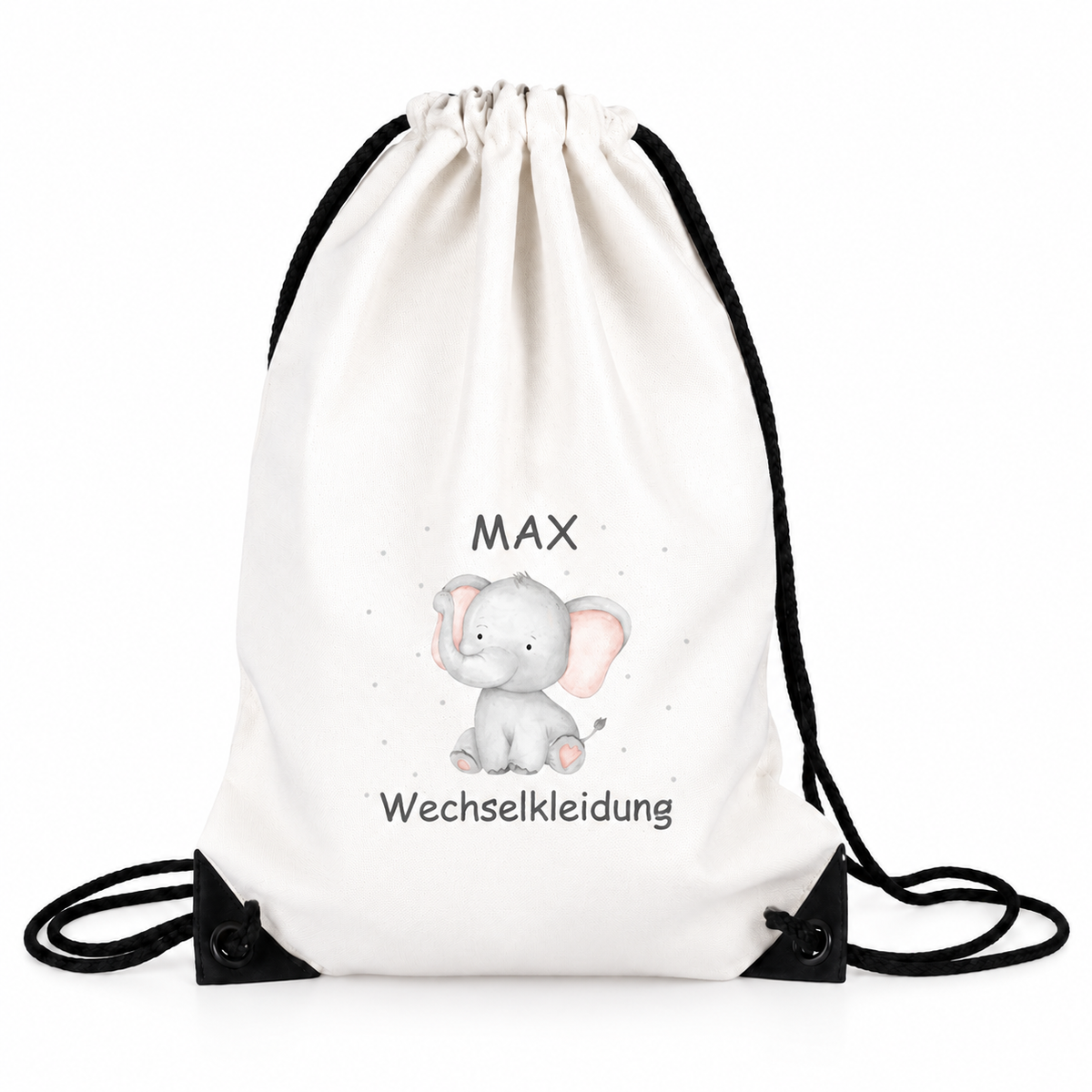 MUCKKI-PRO:83dec62ca79f211e230a4ca496b6a99b6e6a37902b148c8da199eda6e4c69e1d:Turnbeutel für Kinder Wechselkleidung-Elefant 1 Personalisiert mit Namen inkl. schwarzem Kordelzugband