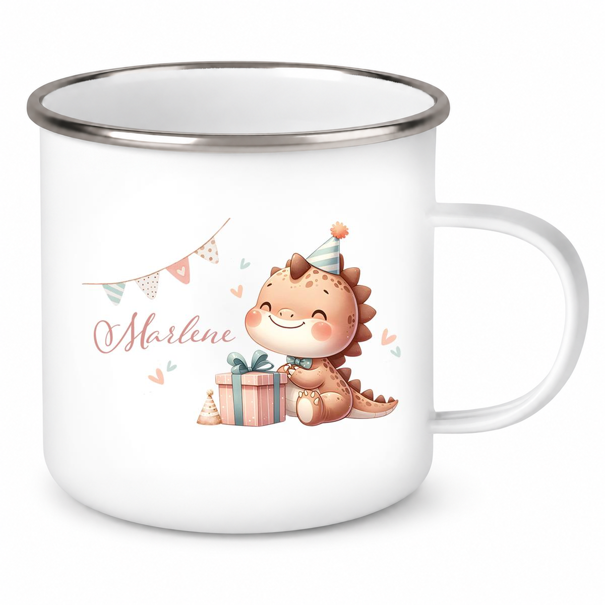 MUCKKI-PRO:791b7788cb3d17b2c6decdd4381f22460280a2493ae2076f6901fa1056eddd6f:Tasse Wunschname Dino 18 Emaille Kinderbecher