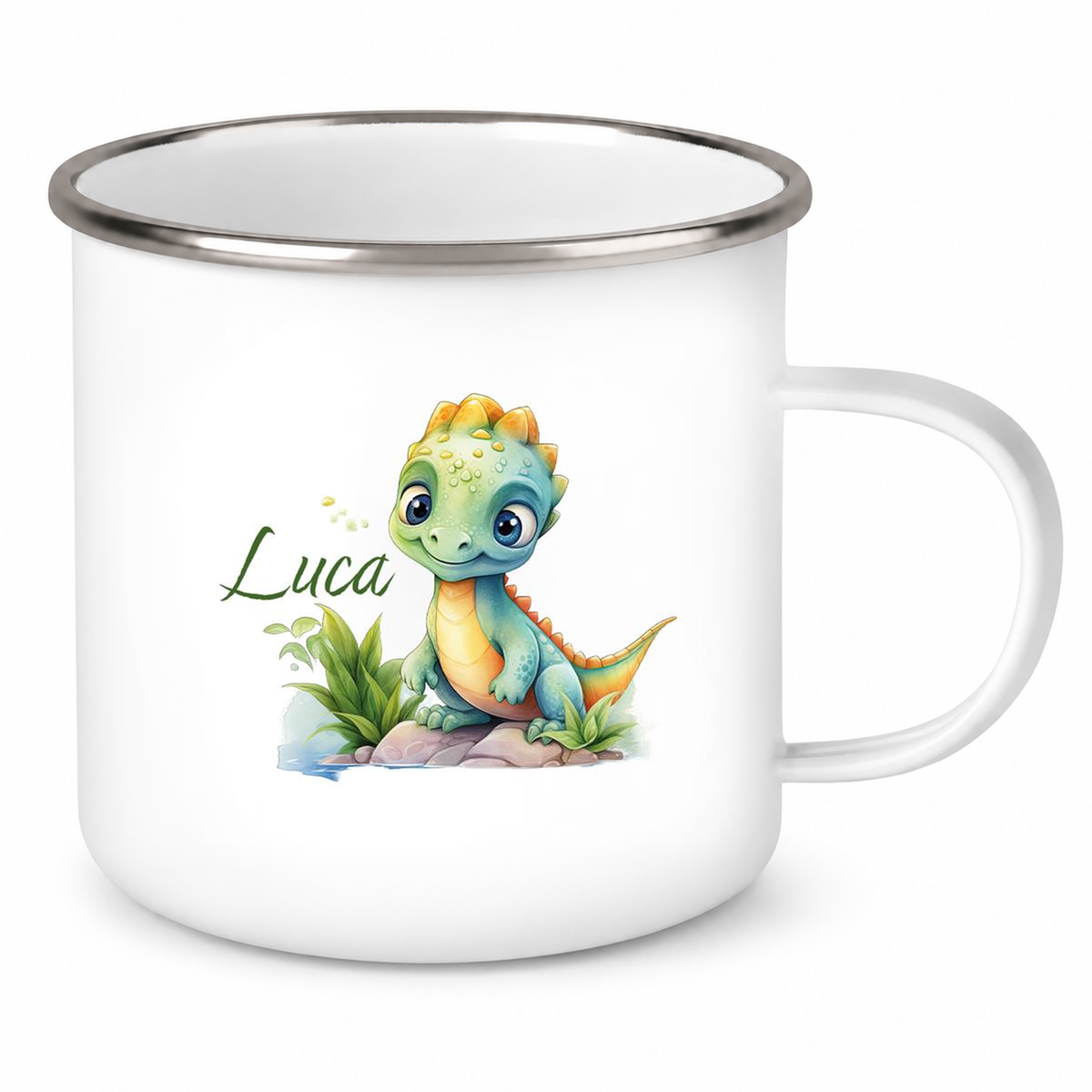 MUCKKI-PRO:f70dd549b84b6448b616cff1bbafb81f4cc9981bb2c103619618937f7b4343cd:Tasse Wunschname Dino 11 Emaille Kinderbecher