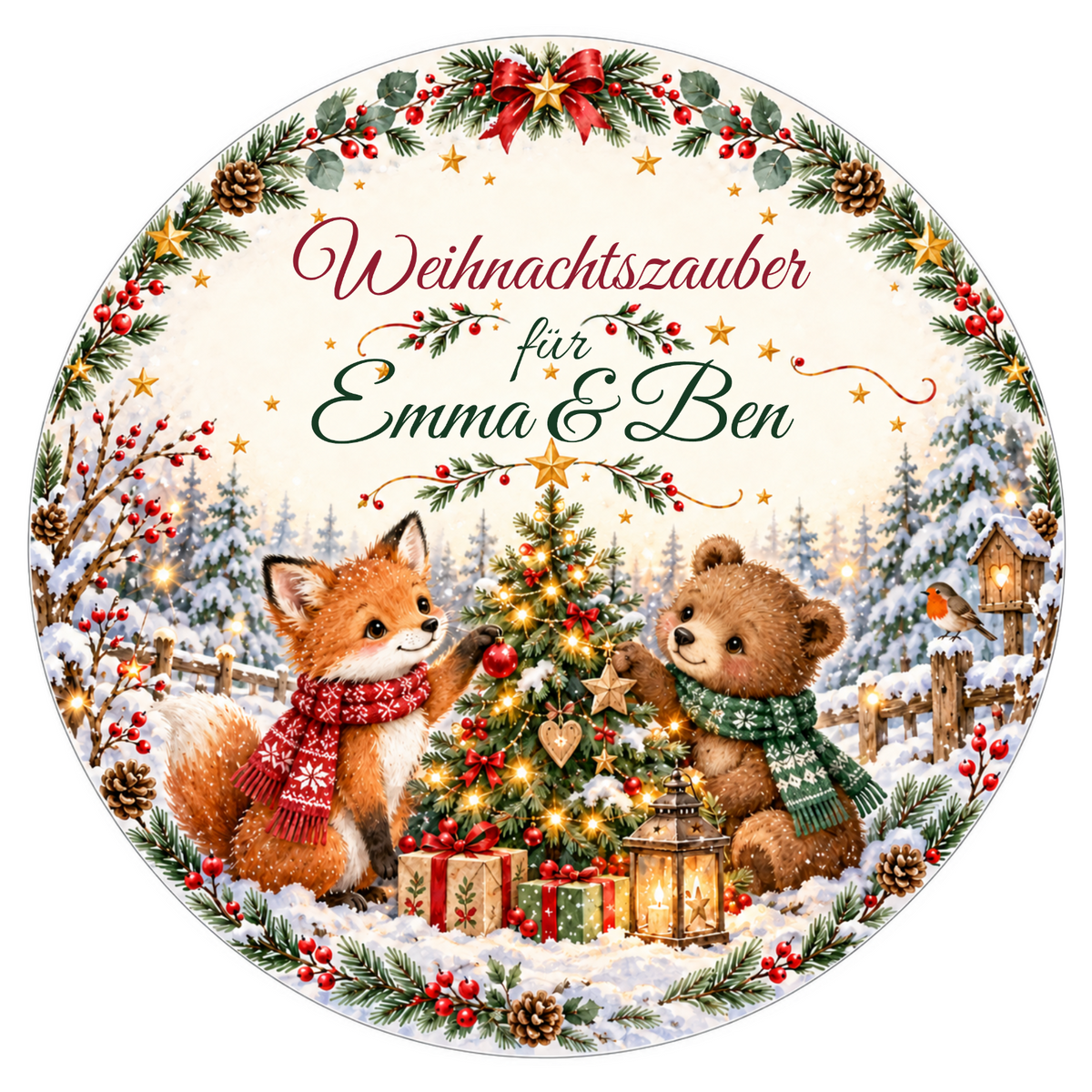 MUCKKI-PRO:24dc0023deb2d68a9a5037828b70a42498078bddfc76f893bc90520289b95927:Tortenaufleger Weihnachten Fuchs & Bär – personalisiert mit Wunschnamen – versch. Formen