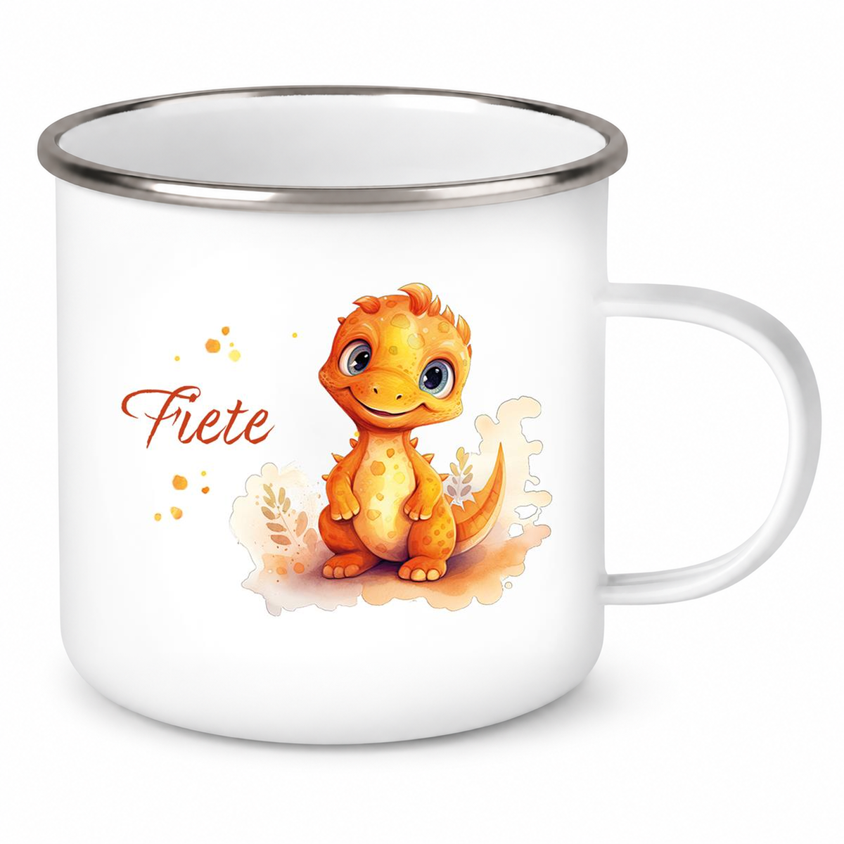 MUCKKI-PRO:c3d47cbe4e17d92de391014b06ad23eaa94a9368efed42b582f41134ada87b64:Tasse Wunschname Dino 10 Emaille Kinderbecher