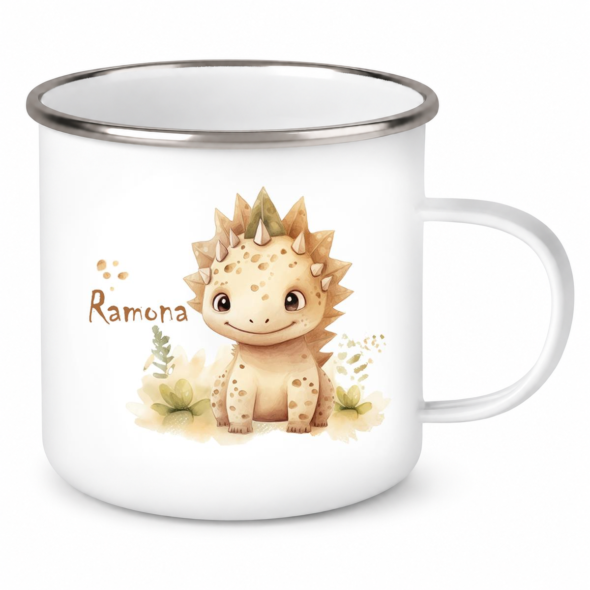 MUCKKI-PRO:cde0d1b359a67534b2bc2b19a471812697b64761a835cf02701168310cca78e4:Tasse Wunschname Dino 2 Emaille Kinderbecher