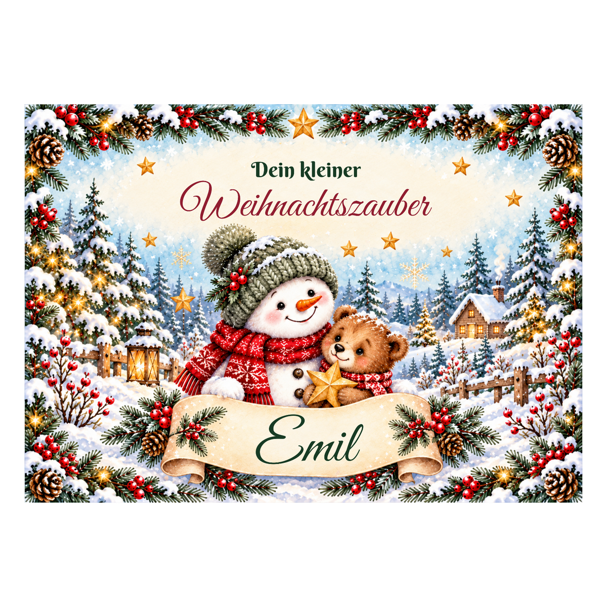 MUCKKI-PRO:9dfc8255ef4aed8c4d5fa15c252cf82f87012a5c129451b8ccd97a85cdc71f83:Tortenaufleger Weihnachten Schneemann & Bär – personalisiert mit Wunschname – Eckig (28 x 20cm)