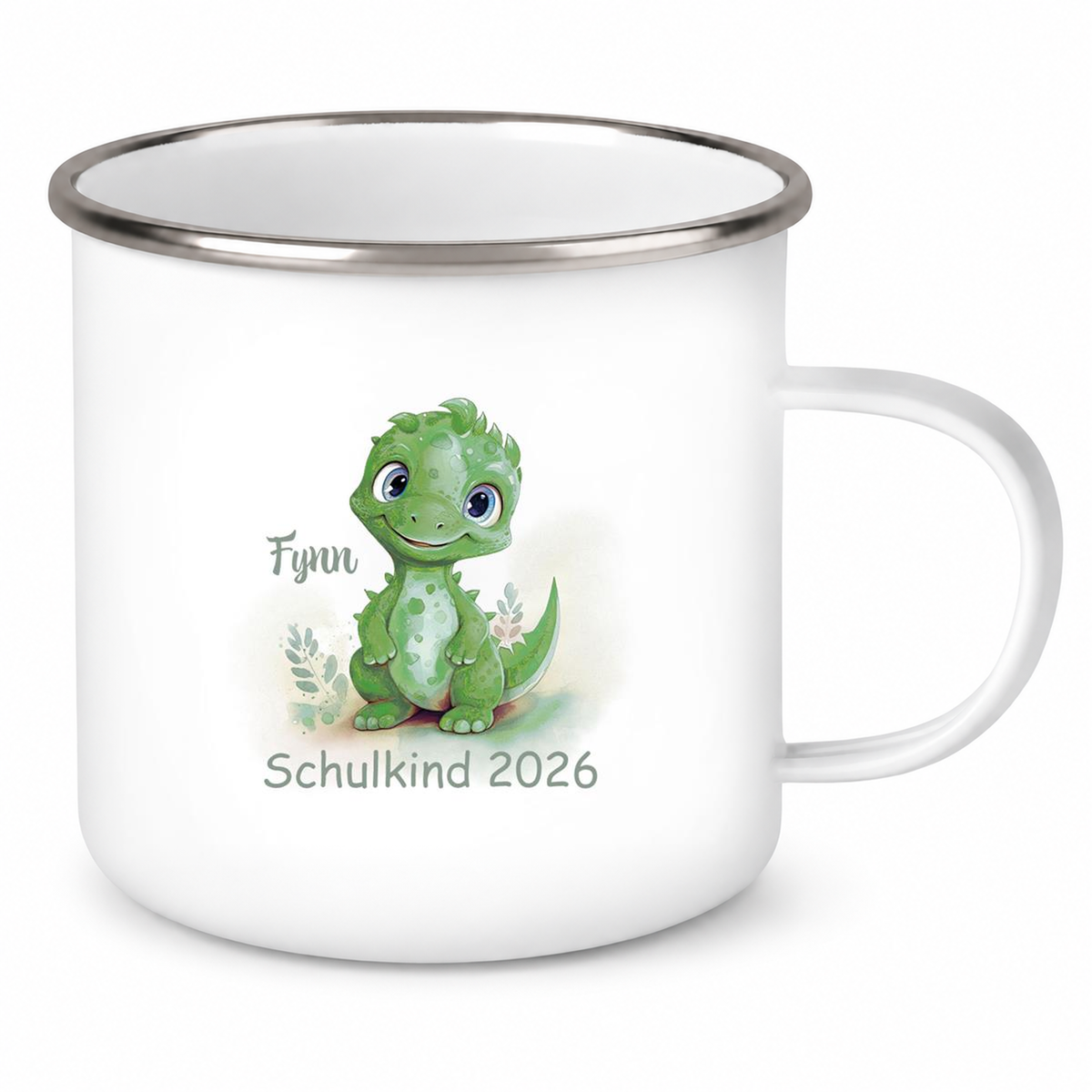 MUCKKI-PRO:5e6cb8289416e32b471cfaa49e155e4e13a3563226362a76687a2ba5f050b53b:Tasse Schulkind 11 Wunschname Dino 2 Emaille Kinderbecher Personalisiert