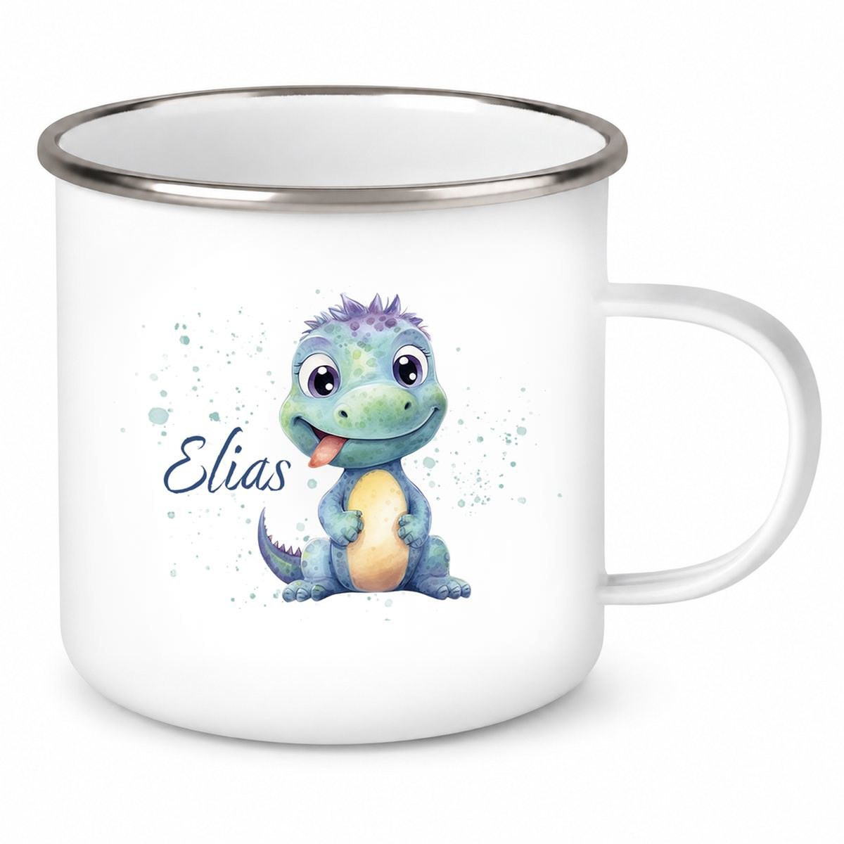MUCKKI-PRO:a65436ca9b6990f5703b1e6f31904074bf44a9ae3d6c9cb8c67eb85e8c59ed21:Tasse Wunschname Dino 13 Emaille Kinderbecher