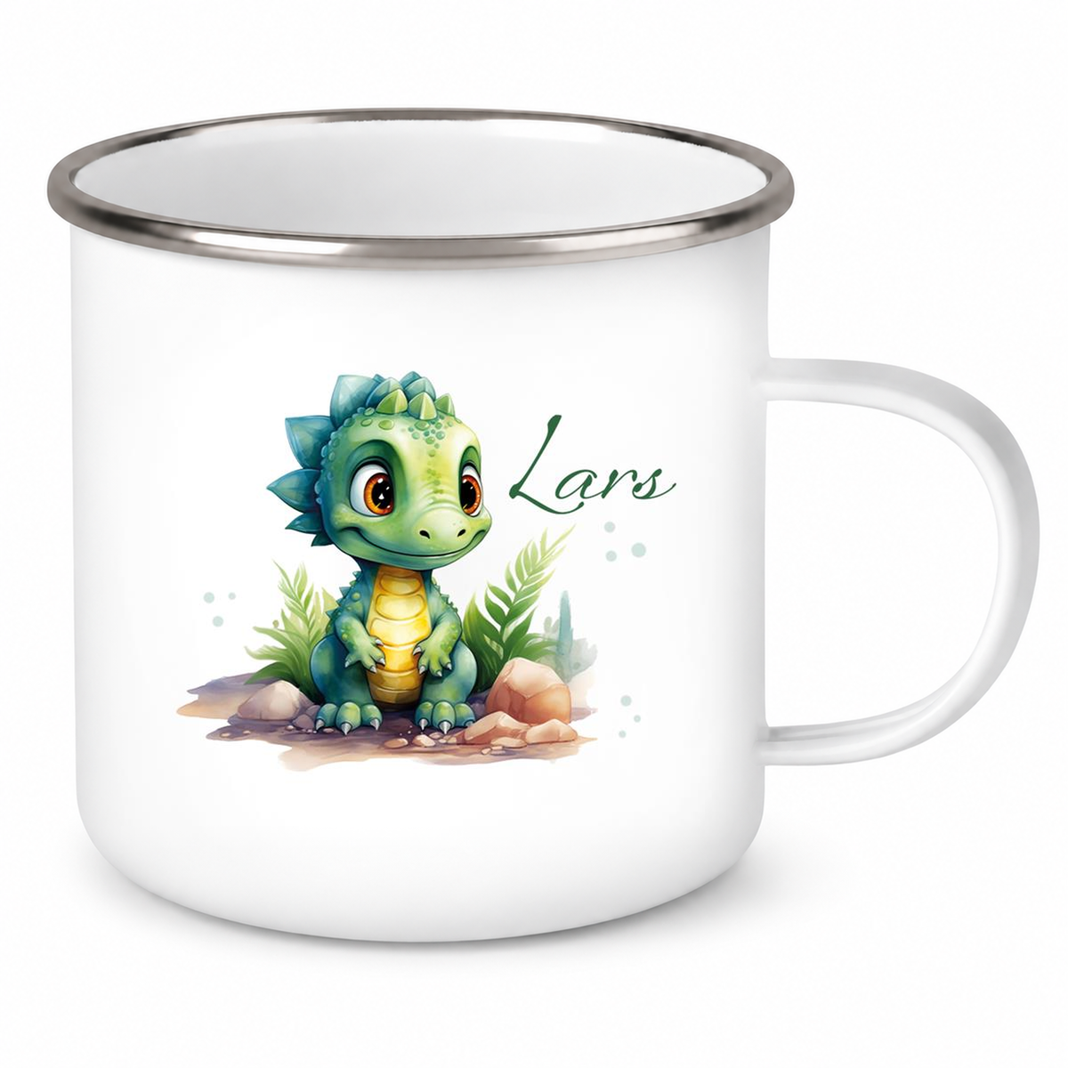 MUCKKI-PRO:e9e8e7bf2a8542b2c634a0531284360b3d9760668169e906c65c8e75ff576286:Tasse Wunschname Dino 17 Emaille Kinderbecher