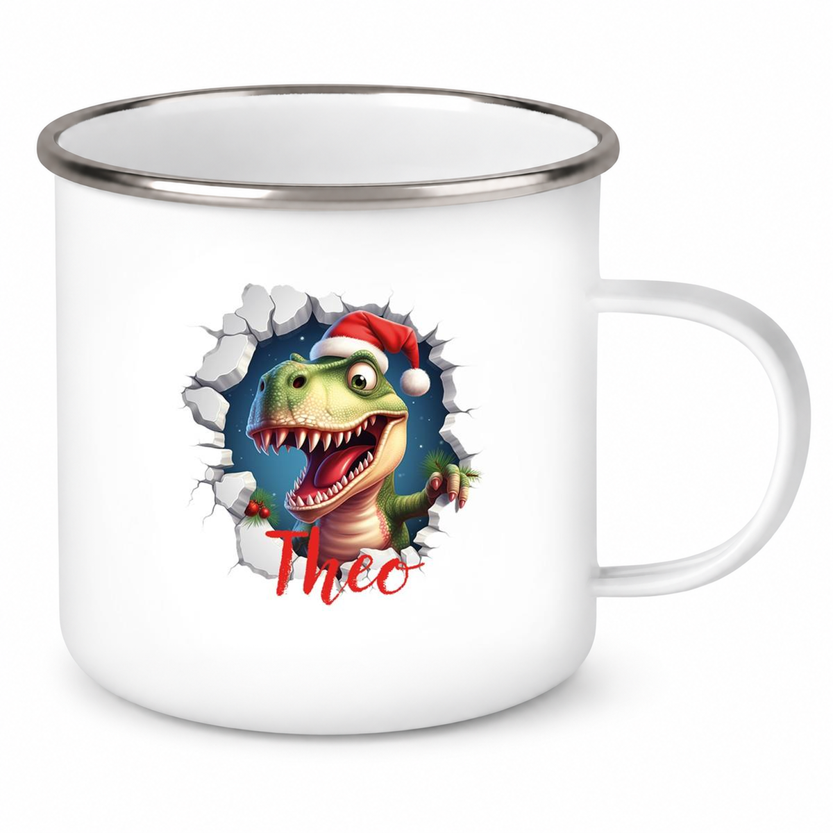MUCKKI-PRO:9426de70b18bef58794bd54f692e01d8e7407ad5e843256bdae6ebf580733c2d:Tasse Wunschname Christmas Dino 1 Emaille Kinderbecher