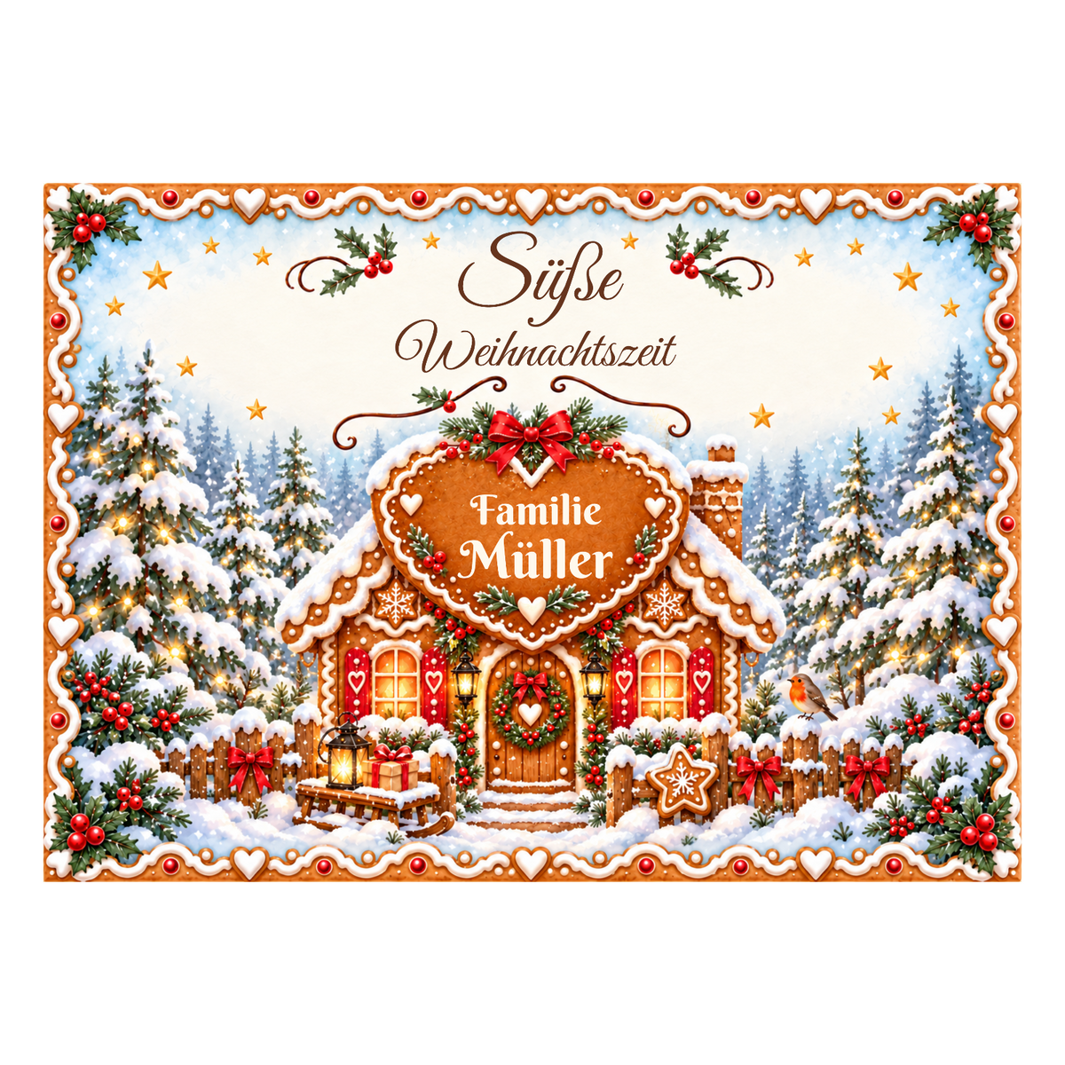 MUCKKI-PRO:3d10562f0b418a45a5cf3b0a2217a6fd5ebc097fa46050f0b5af80add1820f85:Tortenaufleger Weihnachten Lebkuchenhaus – personalisiert mit Familienname – Eckig (28 x 20cm)