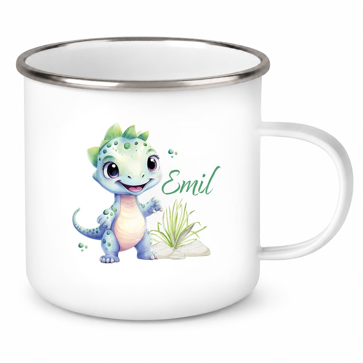 MUCKKI-PRO:905621d82574f1a43d51a87b29f5bb3f858d4c6719d0a781759c4b6f3fcd1253:Tasse Wunschname Dino 14 Emaille Kinderbecher