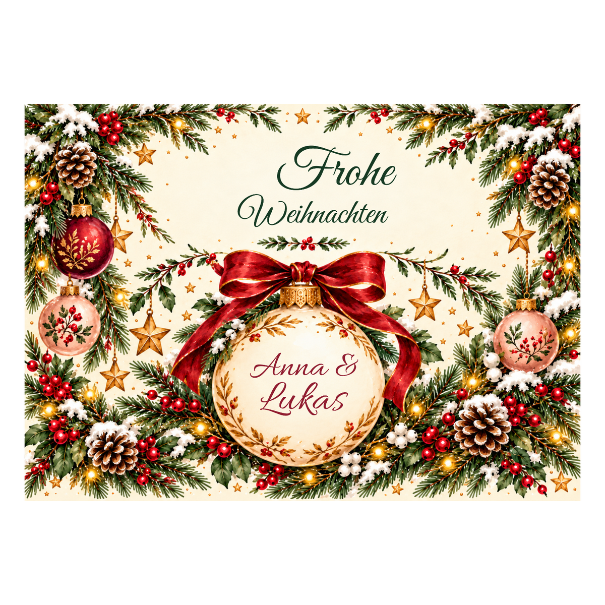 MUCKKI-PRO:0d90bf9976129fe640b011ce473a7ff0cd91401575b5a31820a5bac7c7140482:Tortenaufleger Weihnachten Weihnachtskugel – personalisiert mit Wunschnamen – Eckig (28 x 20cm)