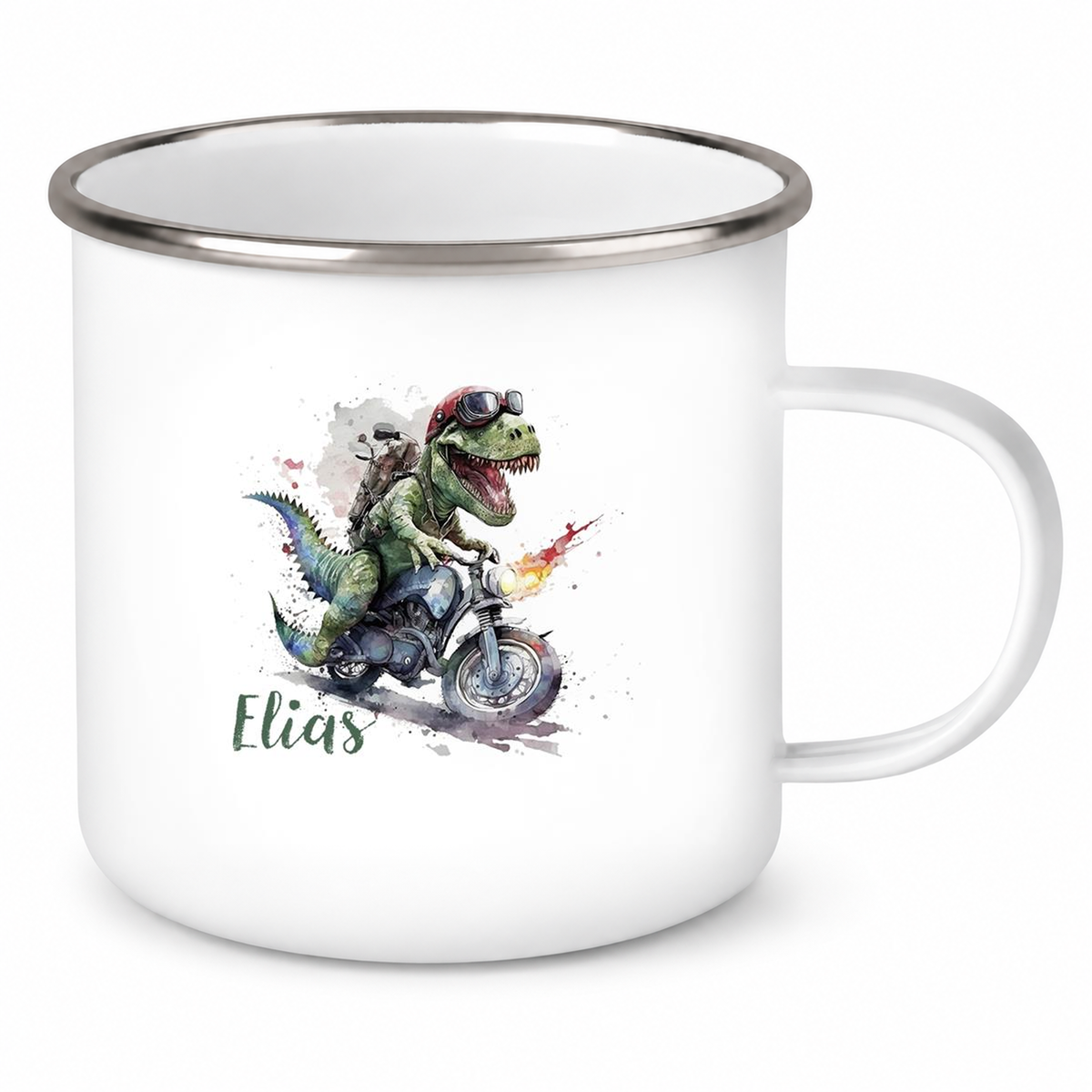 MUCKKI-PRO:3e8d70d3bc396ca31df1a0329955a41982e4d8eb1969377ade447ba42bd264bf:Tasse Wunschname Dino 5 Emaille Kinderbecher