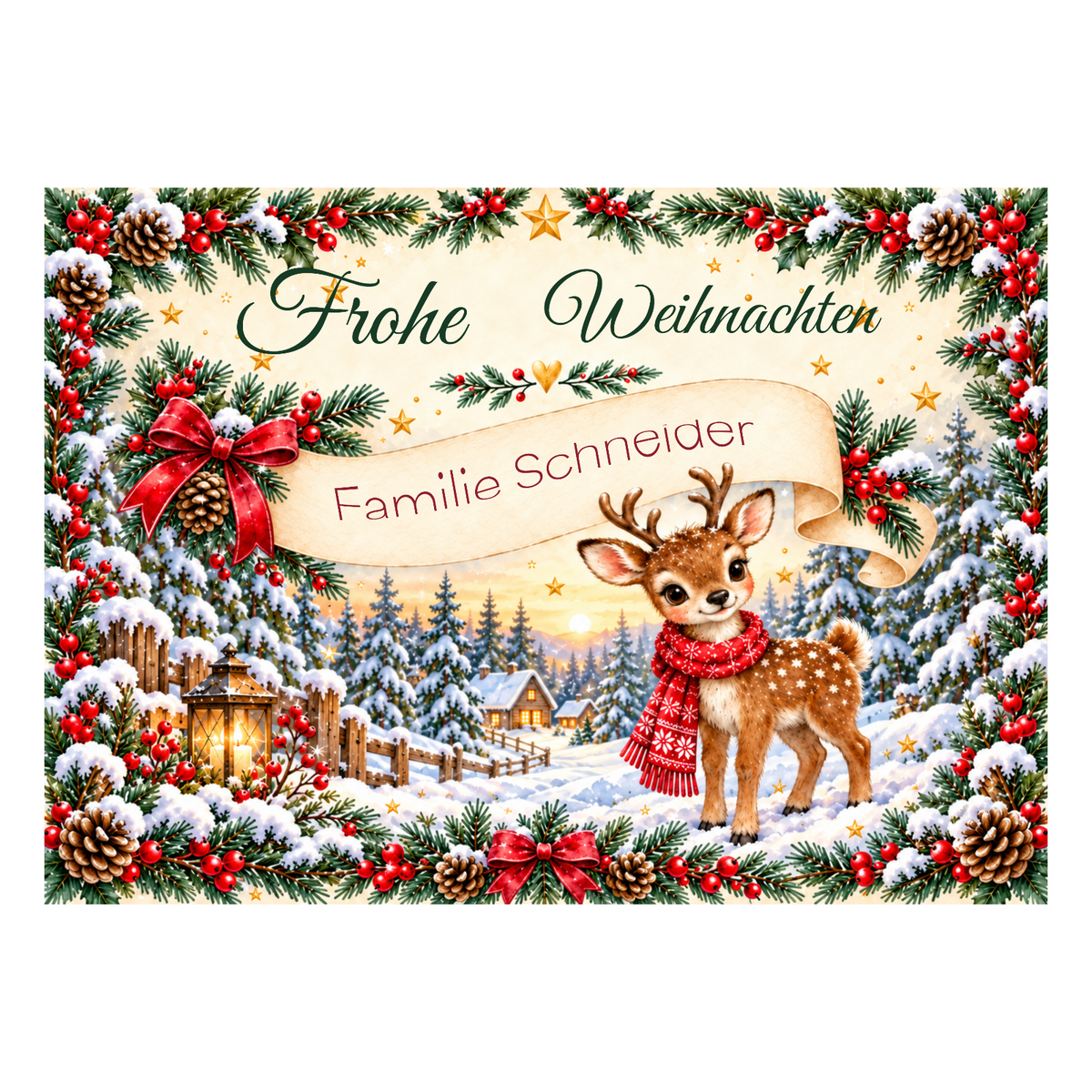 MUCKKI-PRO:beaea7ff03475d430b83f0927dbc997ca7ac66576be0015e540da7cc0695c5d4:Tortenaufleger Weihnachten Rentier – personalisiert mit Familienname – Eckig (28 x 20cm)