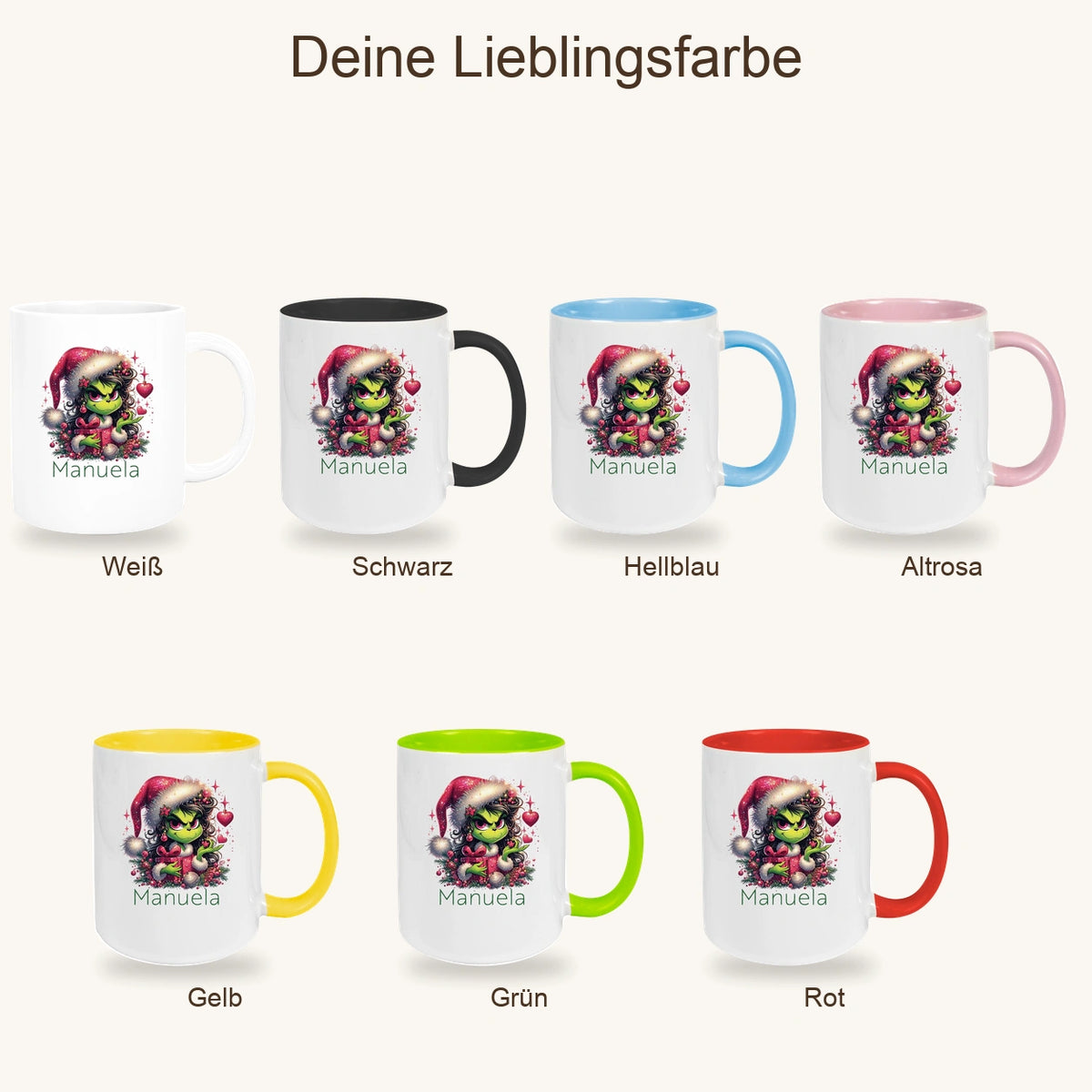 Tasse Wunschname Weihnachten Lady-Grinch 2 Keramik Kinderbecher versch. Farben