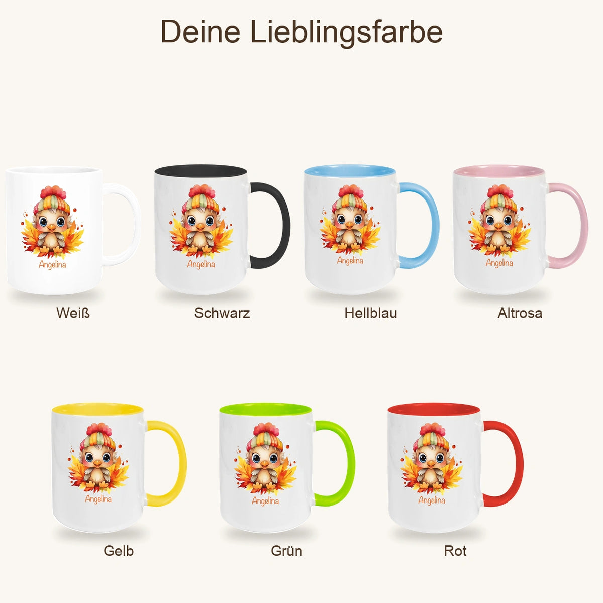 MUCKKI-PRO:0c21fe63d04070407aa31e02956fe7fe97a655393a17dc040e87153340e48eaf:Tasse Wunschname Küken 1 Keramik Kinderbecher personalisiert versch. Farben