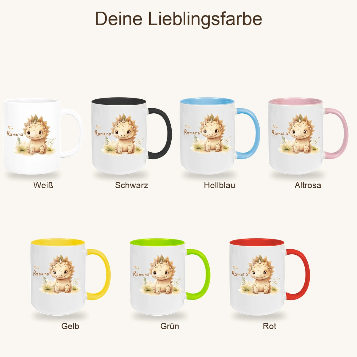 MUCKKI-PRO:781a856e383097b4346eceb885e20a9175ed9d888929de9b5c55b993d49acd4c:Tasse Wunschname Dino 2 Keramik Kinderbecher versch. Farben
