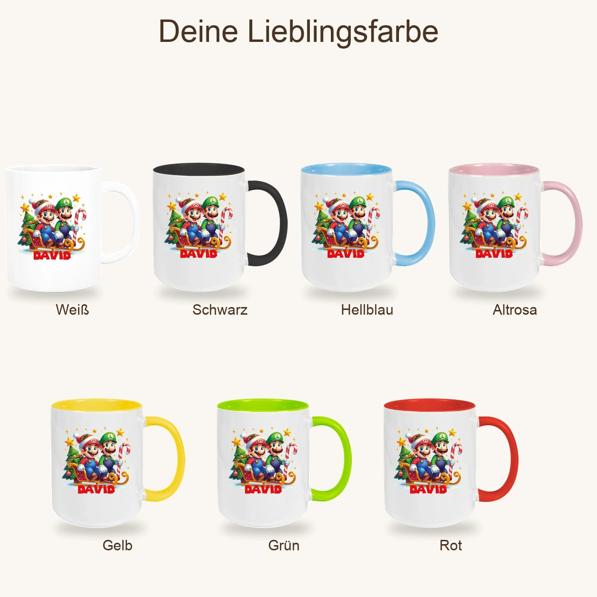 Tasse Wunschname Weihnachten Super-Mario 1 Keramik Kinderbecher versch. Farben