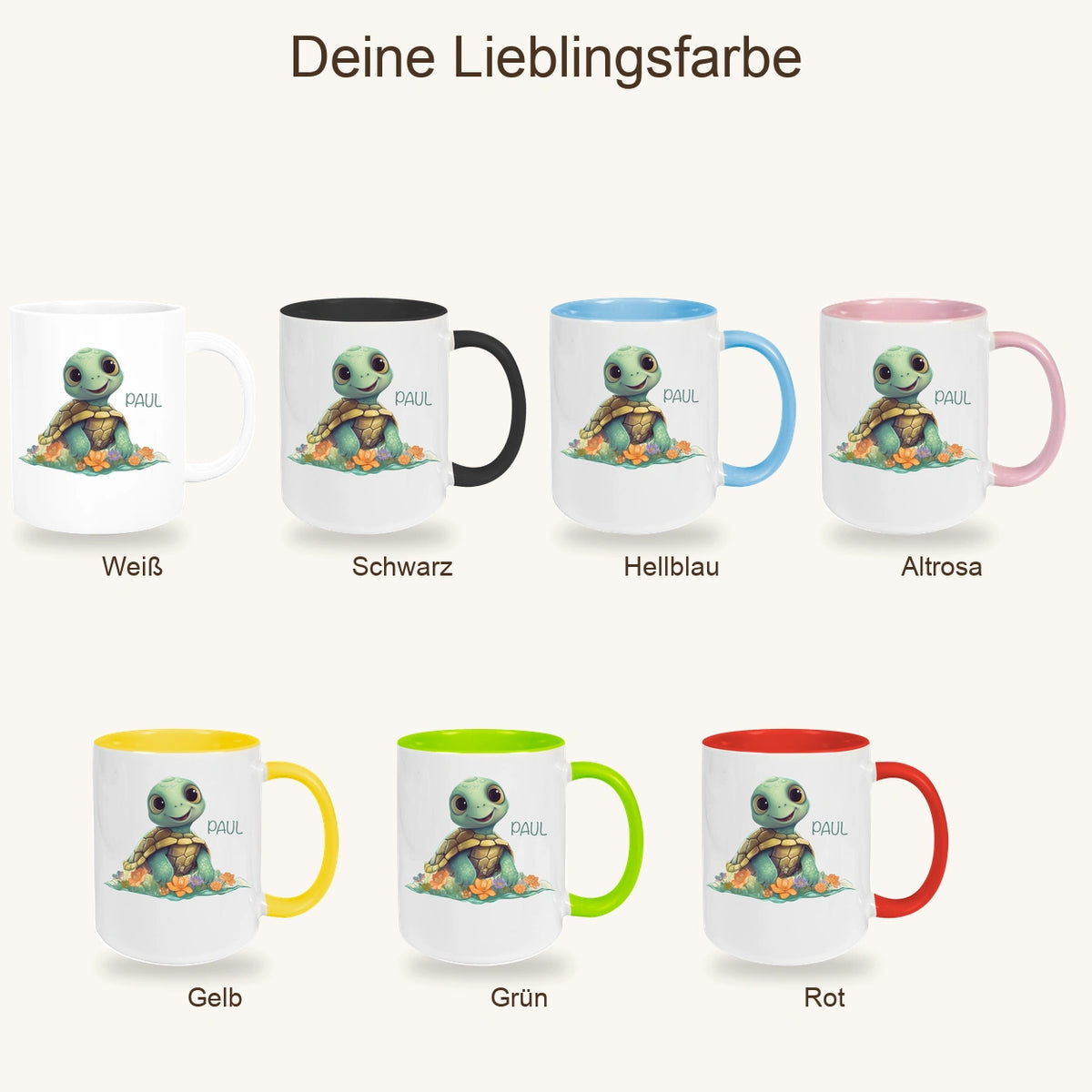 MUCKKI-PRO:e27cf8c5fb73e5339333e8fdda8d7f67cde5da7e8684d01678bbb6e7d6bc1ed1:Tasse Wunschname Schildkröte 1 Keramik Kinderbecher personalisiert versch. Farben