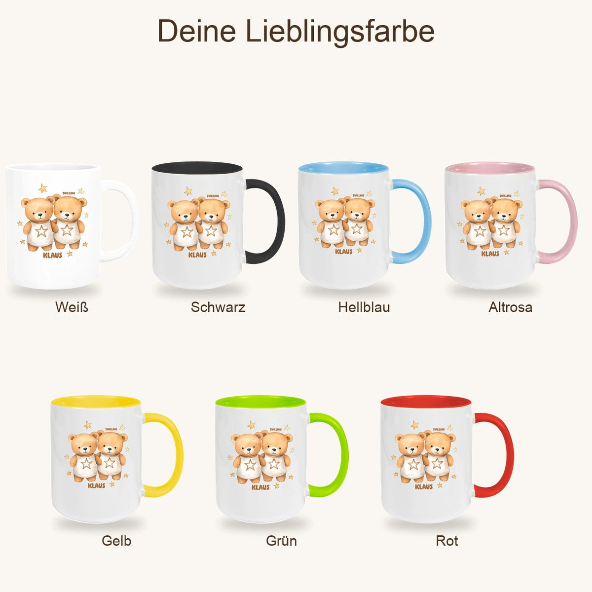 MUCKKI-PRO:95850279fd9cd14588796a8ab6cb0973d5d391772d868442dee40c3f091e3a5d:Tasse Sternzeichen Kinder Zwilling 1 Wunschname Keramik Kinderbecher personalisiert versch. Farben