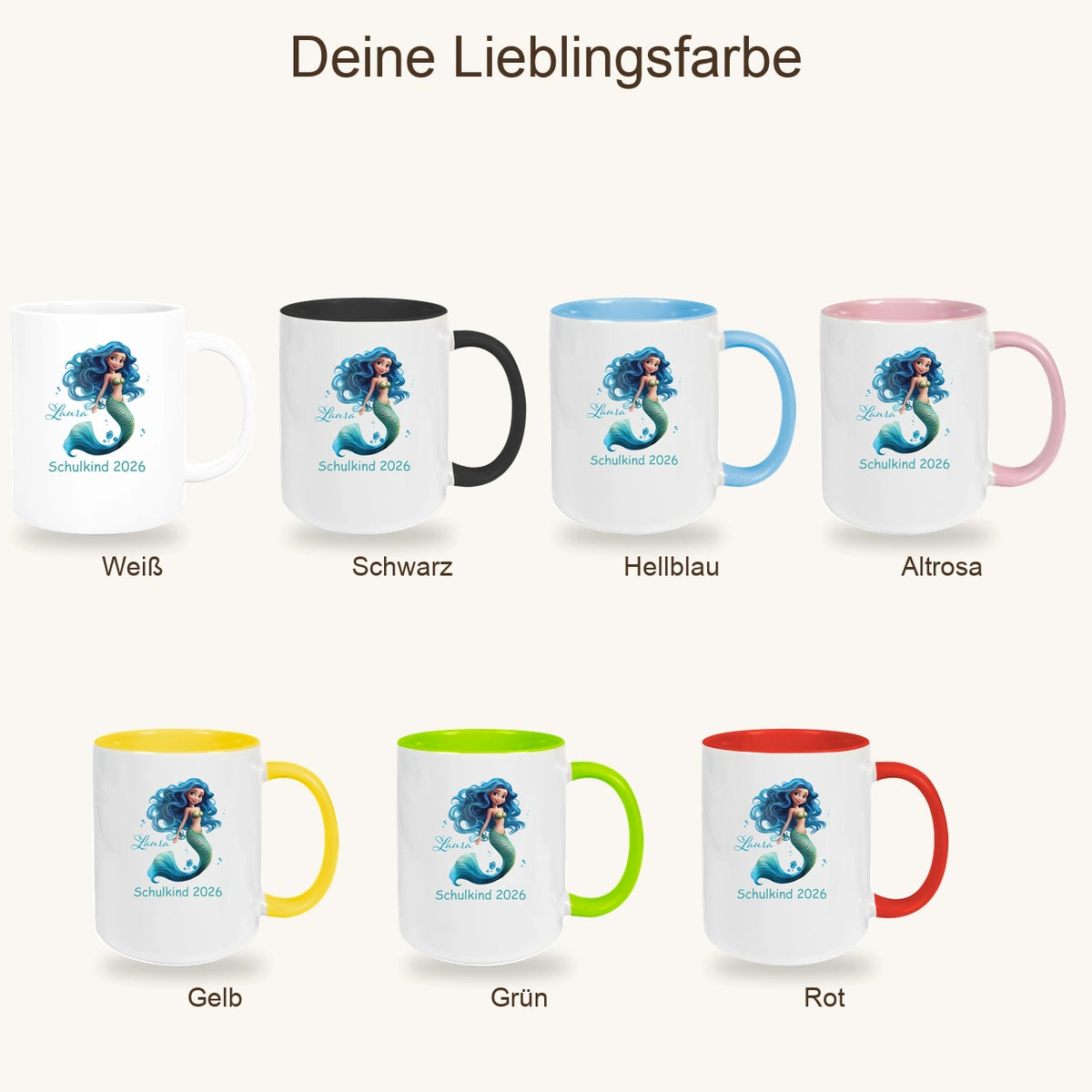 MUCKKI-PRO:d5ca1fd79e5fb9d2368dcd832f6686324e64aded7750fbd977758c8b91736fea:Tasse Schulkind 10 Wunschname Meerjungfrau 1 Keramik Kinderbecher Personalisiert versch. Farben