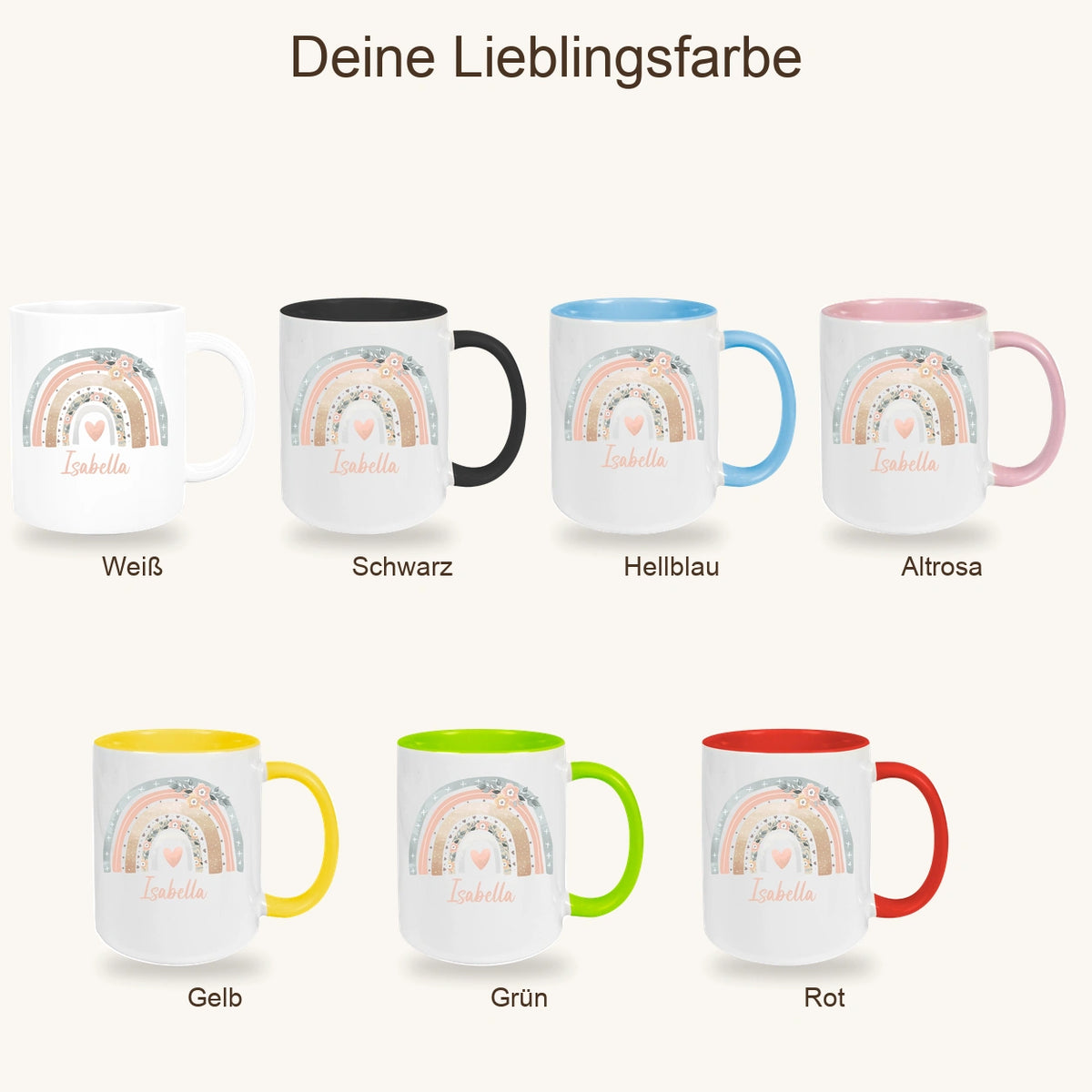 MUCKKI-PRO:1e2e29cb1df1e61a97db0fae2f00bf3189392ae817cdce2abe834e8d3ab450e0:Tasse Wunschname Regenbogen 7 Keramik Kinderbecher versch. Farben