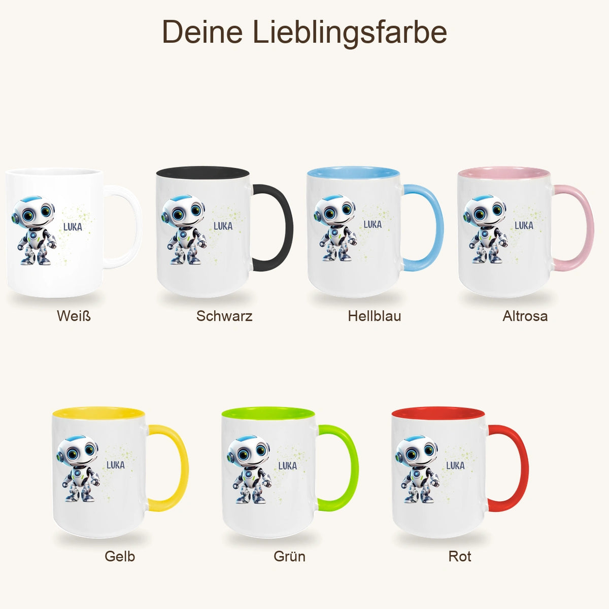 Tasse Wunschname Roboter 1 Keramik Kinderbecher versch. Farben